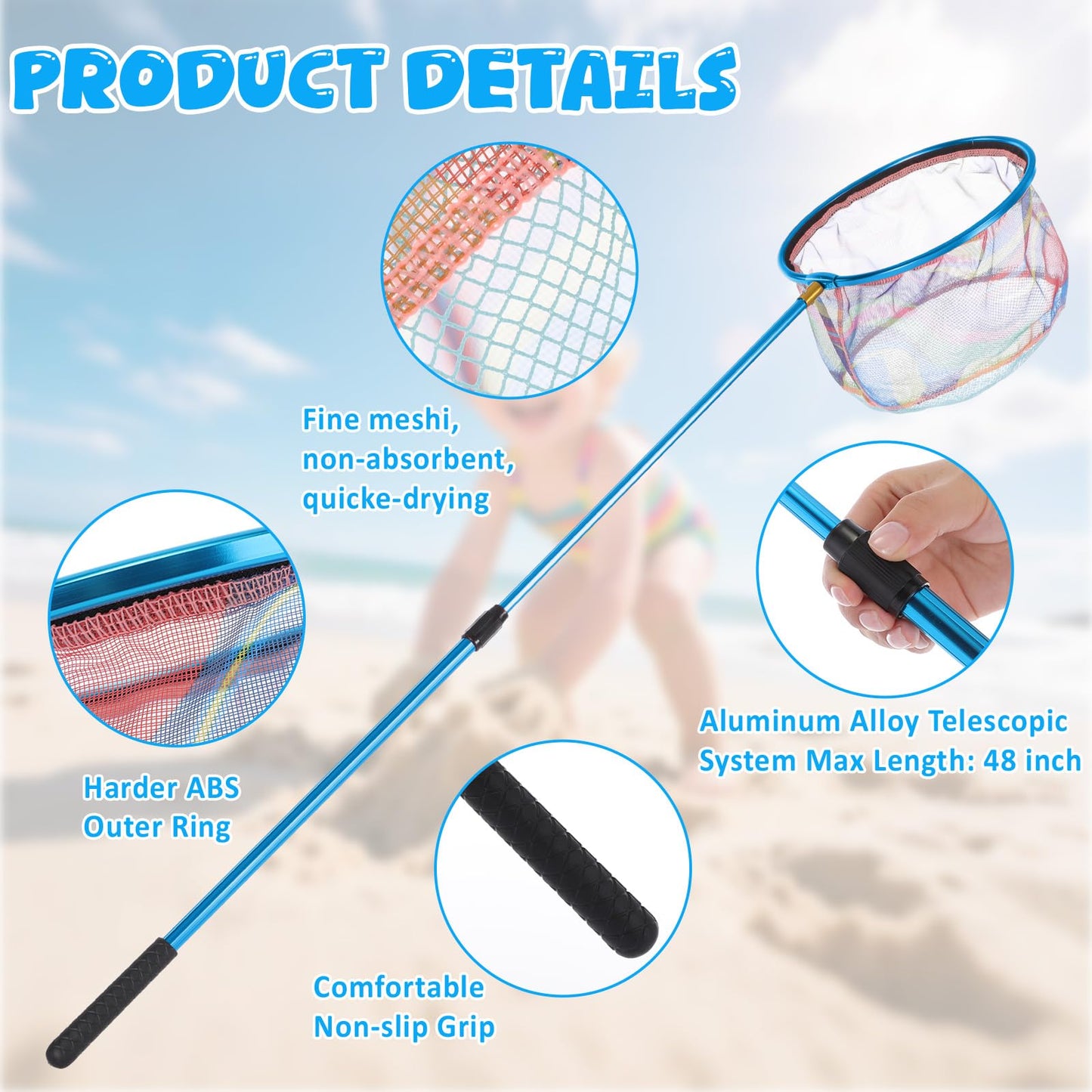 Ferrochef 2-in-1 Set Telescopic Fishing Net and Beach Fish Tank, 30" to 48" Extendable Lightweight Aluminum Pole with Non-Slip Handle for Catching Observing Release, Outdoor Exploration Kit
