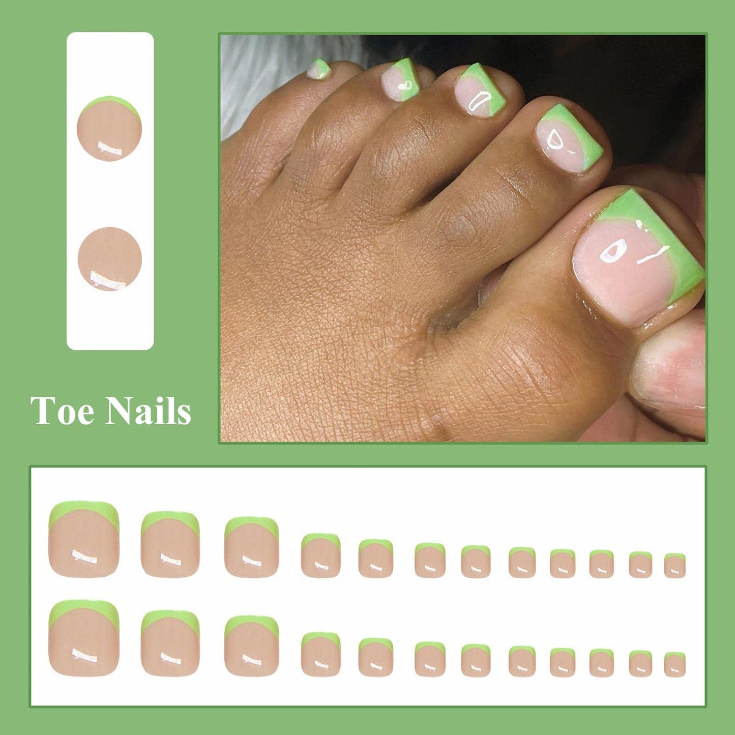 MISUD Toe Press on Nails - Fake Toenails with Green French Tip, Acrylic Toenail Glossy Design 24 pcs