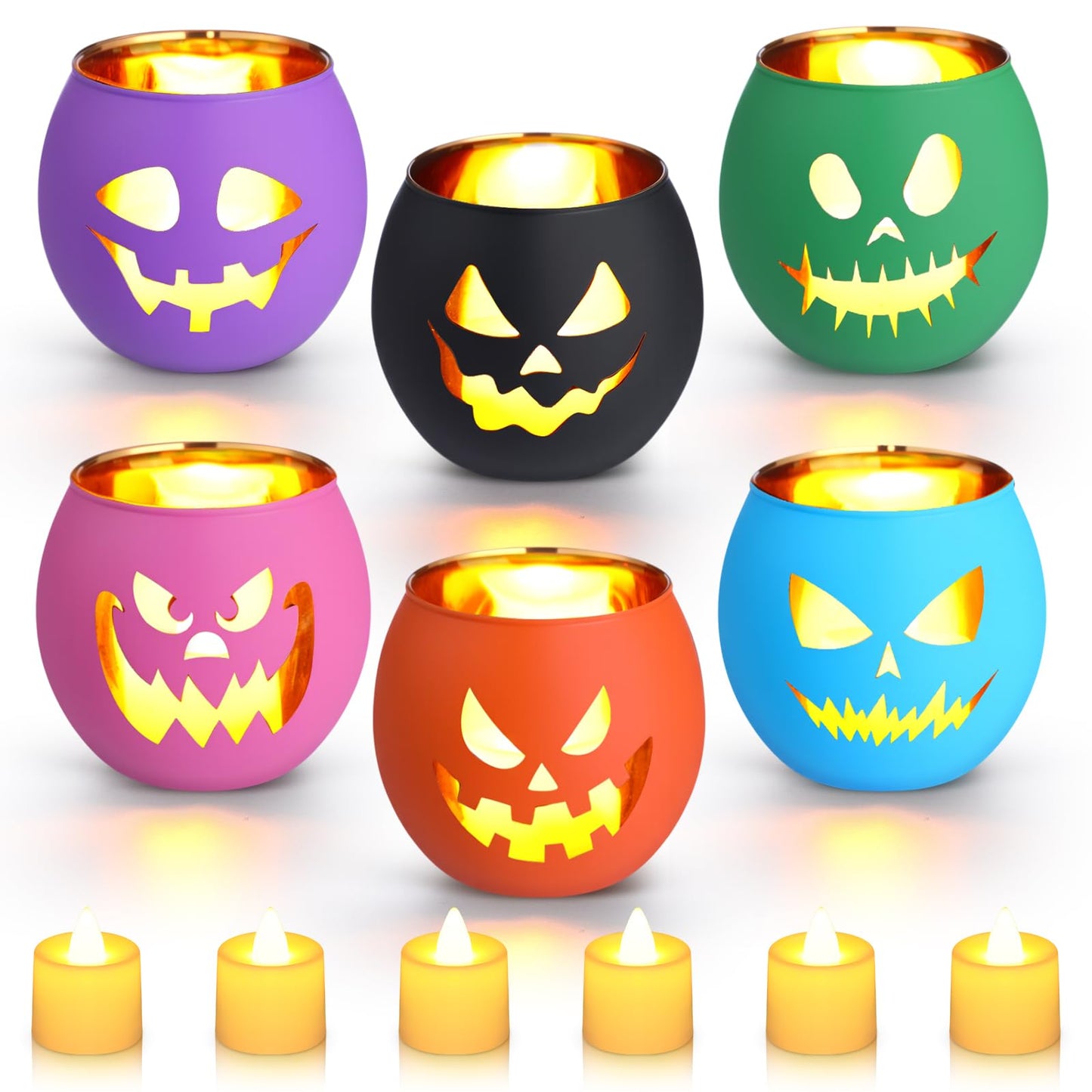 VIHOSE 6 Set Halloween Candle Holders Grimace Glass Votive Holder Tea Light with LED Battery Operated Candles Halloween Table Decorations for Home Table Centerpiece Decor Gifts