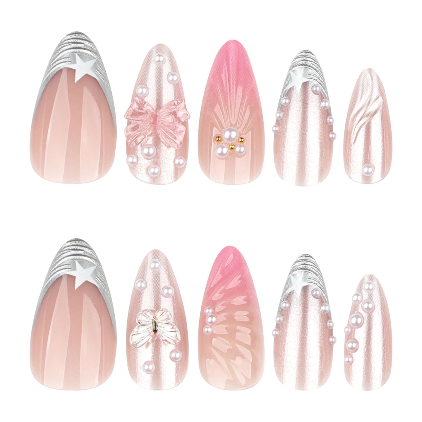 octoswave Press on Nails Almond Medium Pink Chrome French Tip with 3D Bow Butterfly Pearl Design Fake Nails for Women Party Wedding 24Pcs