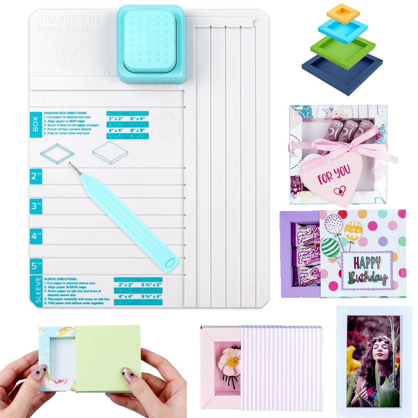 BAOFALI Shadow Box Punch Board for DIY Making 2" 3" 4" 5" Shadow Boxes and Sleeves, Shadow Box Punches Boards with Scoring Tool for DIY Crafting Scrapbooking Holiday Cards Photo
