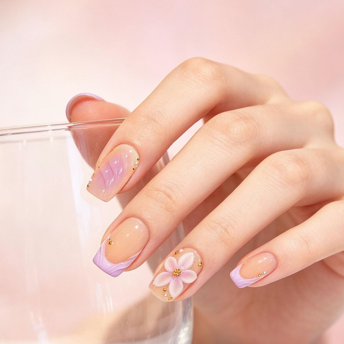 10 Pcs Handmade Press on Nails Short Square Fake Nails with Purple French Tip Design 3D Flower False Nails Nude Acrylic Short Press Ons Nails Square M Size for Women Manicure