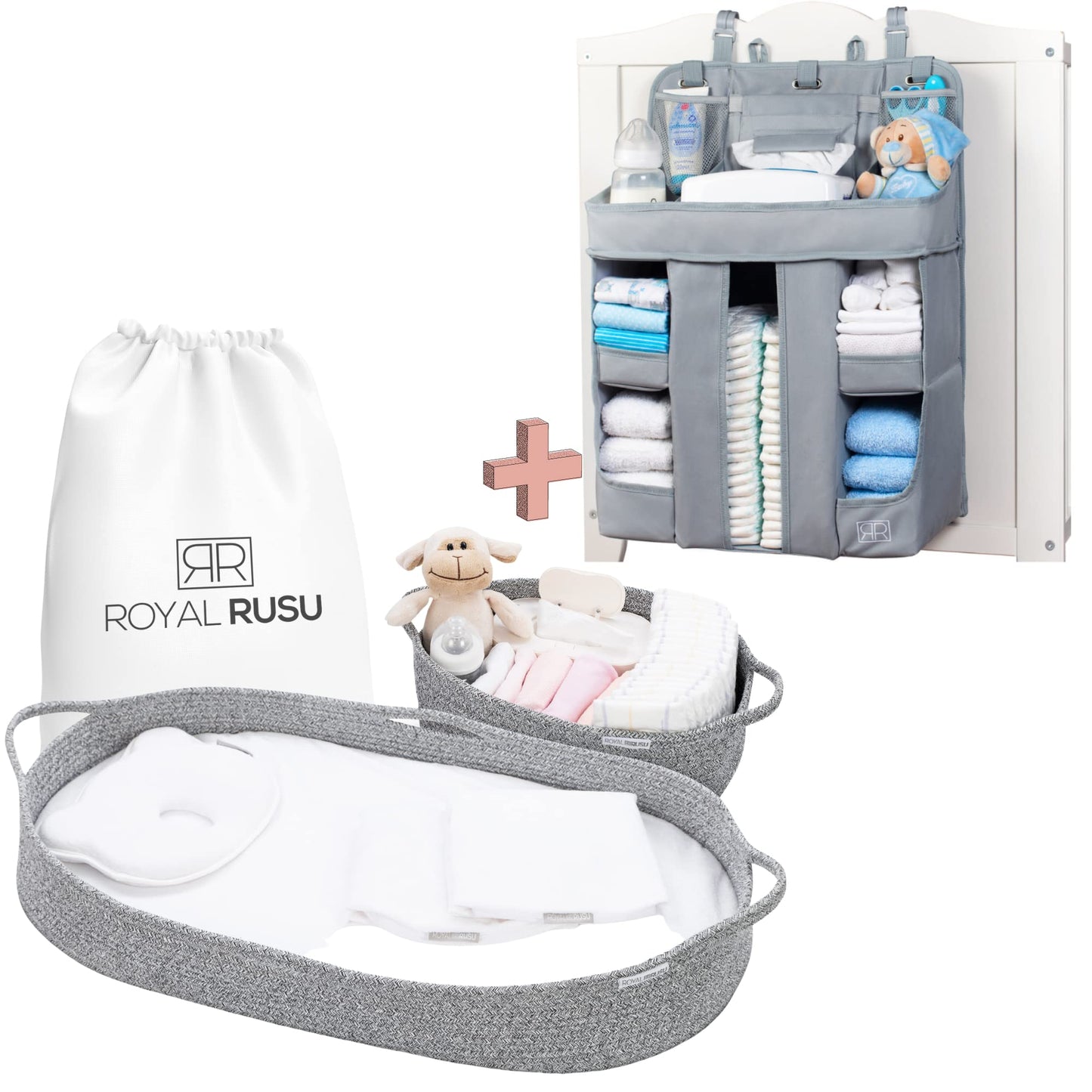 ROYAL RUSU Baby Essentials Bundle – Hanging Diaper Organizer & Baby Changing Basket – Stylish Nursery Storage & Changing Station – Soft, Portable, Gender-Neutral – Perfect Baby Shower Gift