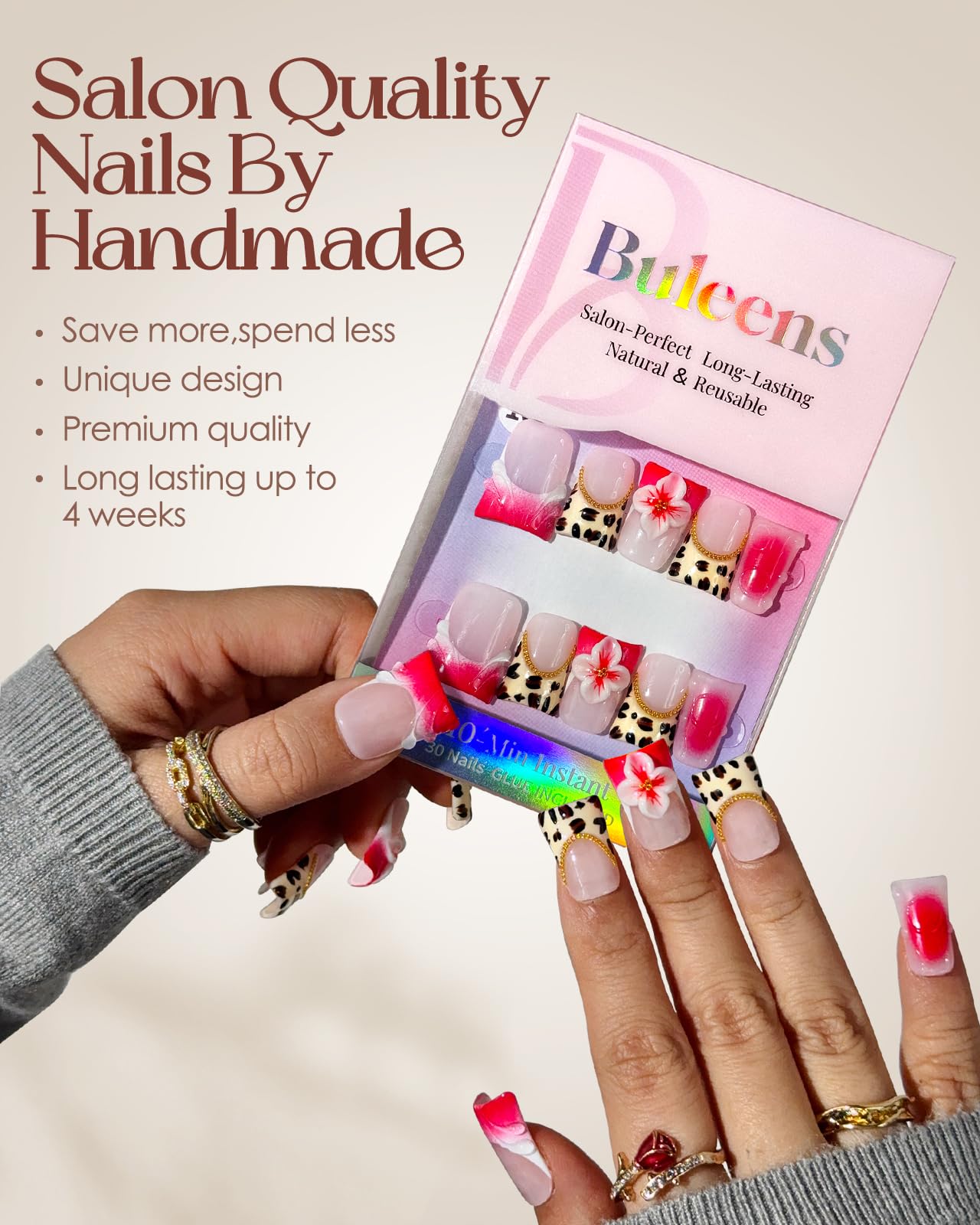 Buleens Handmade Press on Nails Acrylic Duck Nails-10pcs Short Luxury Y2K Pink Leopard 3D Fake Nails Kits with Glue