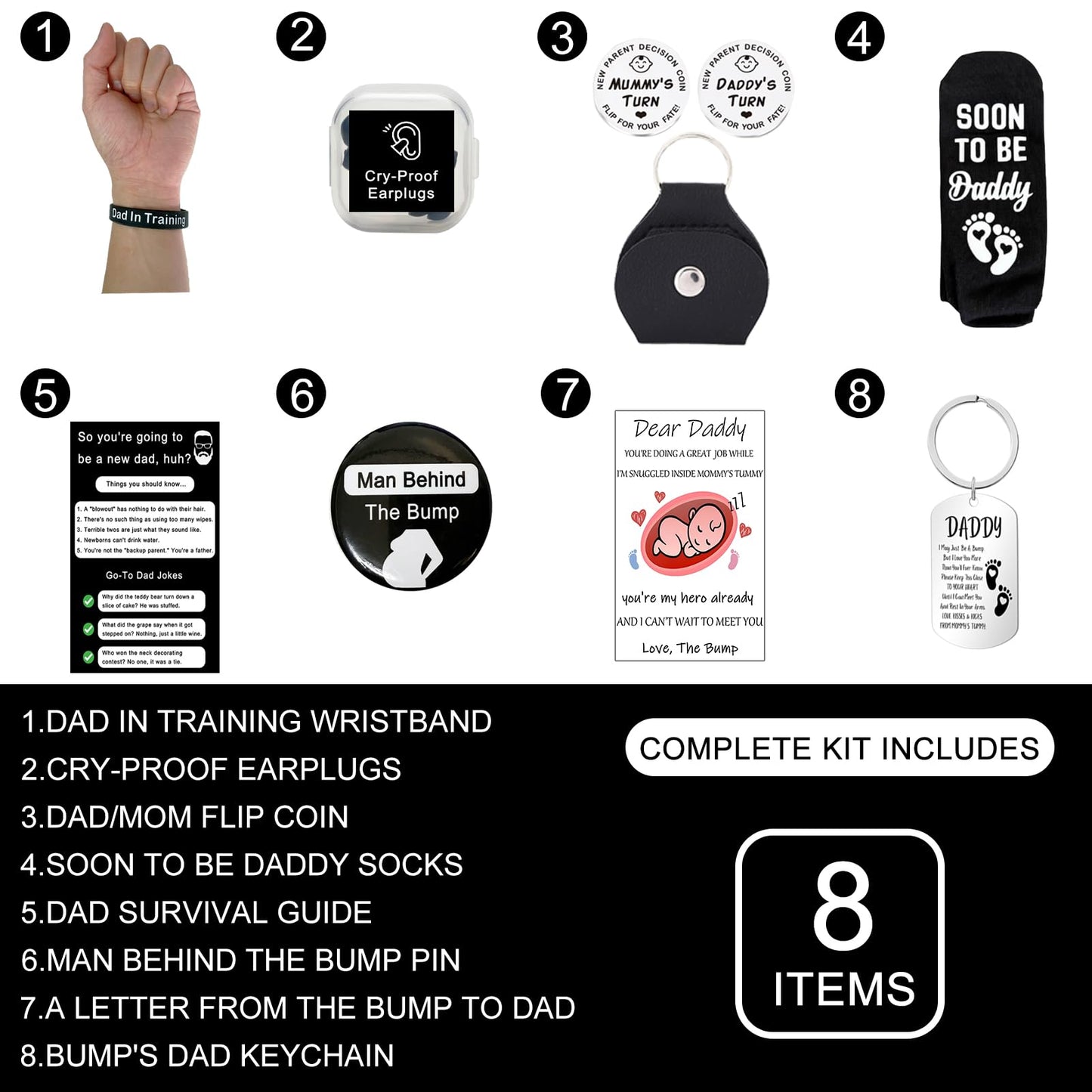 Funny New Dad Gift Set – 8-Piece First-Time Dad Kit for Baby Shower & Gender Reveal – Includes Socks, Decision Coin, Keychain, Guide Card, Wristband & More – Unique Gift for Expecting Fathers!
