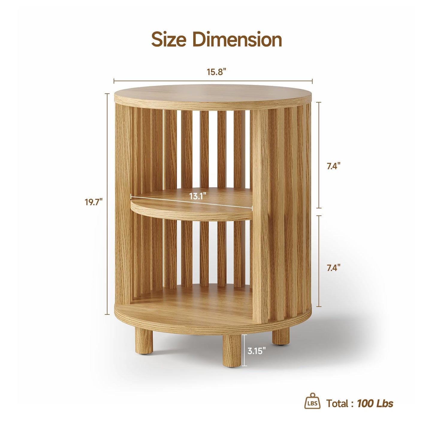 Round End Table, Wood Side Tables, Mid Century Modern Nightstand with 2 Tier Storage, Small Circle Bedside Table for Small Spaces, Living Room, Curved Profile Design, 19.7" Tall, Oak (1-Pack)