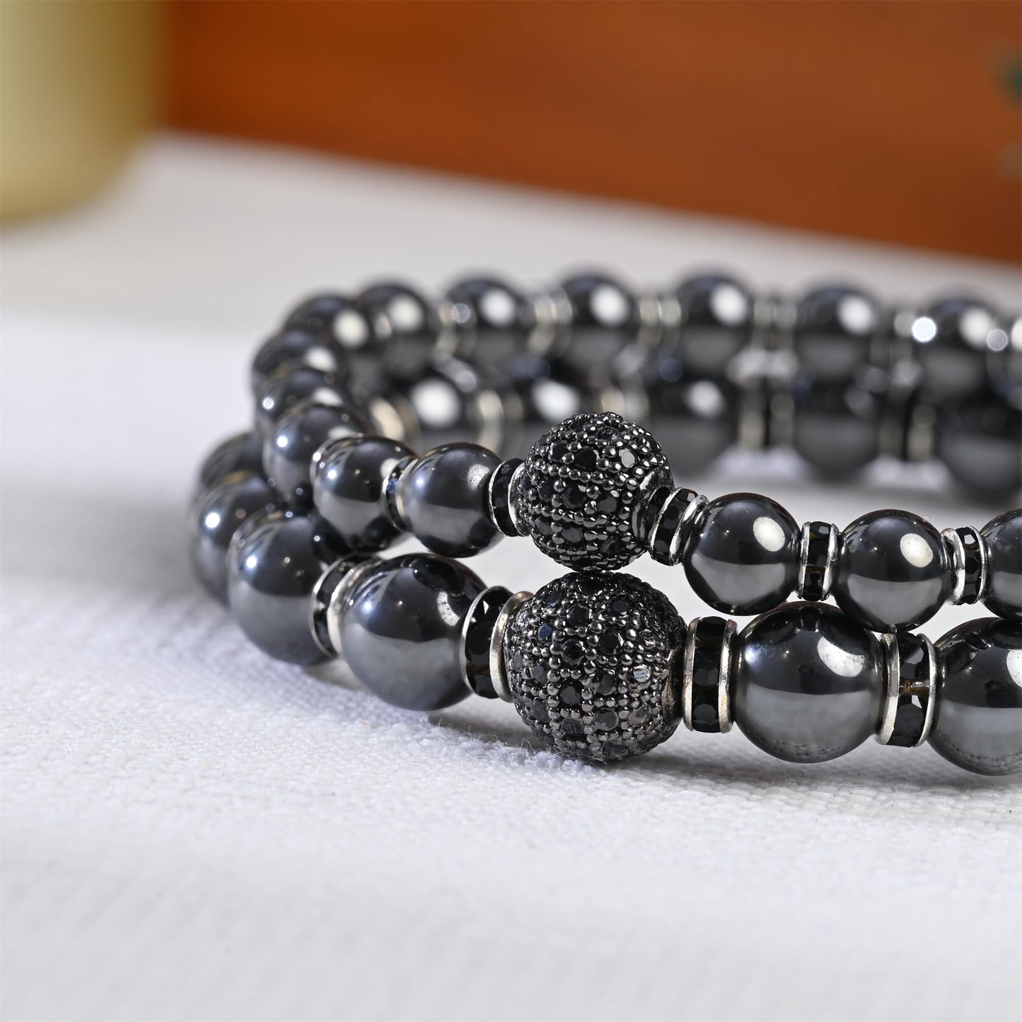 Apocalyptic-K Women's Magnetic Bracelet，Hematite Bracelets，Magnetic Bracelets With Zirconia,Handmade Stretch Bracelet，Eliminates static electricity. (6MM Black&8MM Zirconia)