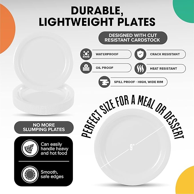 Exquisite Party Solids White Paper Plates Disposable Heavy Duty 9 Inch White Disposable Plates For Party 100 Pcs Heavy Duty Paper Plate 350 GSM, Birthday Supplies Plate Set