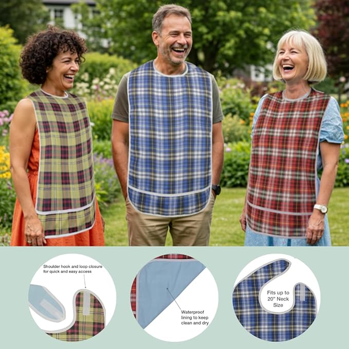 Modaliv 3-Pack Adult Bibs – Waterproof, Reusable Eating Aprons with Crumb Catcher, Machine Washable Clothing Protectors for Seniors, Elderly & Special Needs