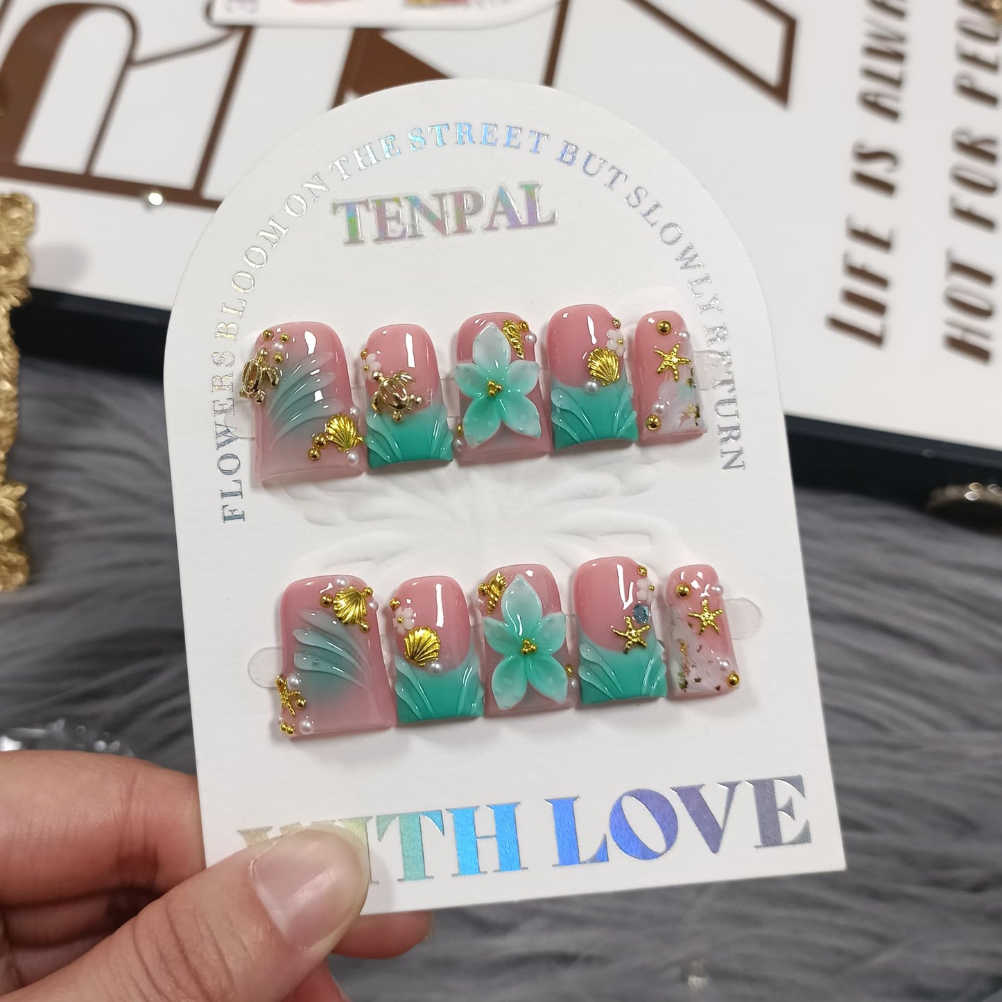 TENPAL Duckbill Press on Nails - Ocean 3D Floral Teal Blushing Ombre Design | Icy Glossy Duck Fake Nails with Handmade Carving | Mermaid Y2K Style Glue on Nails for Resort Vacation(M)