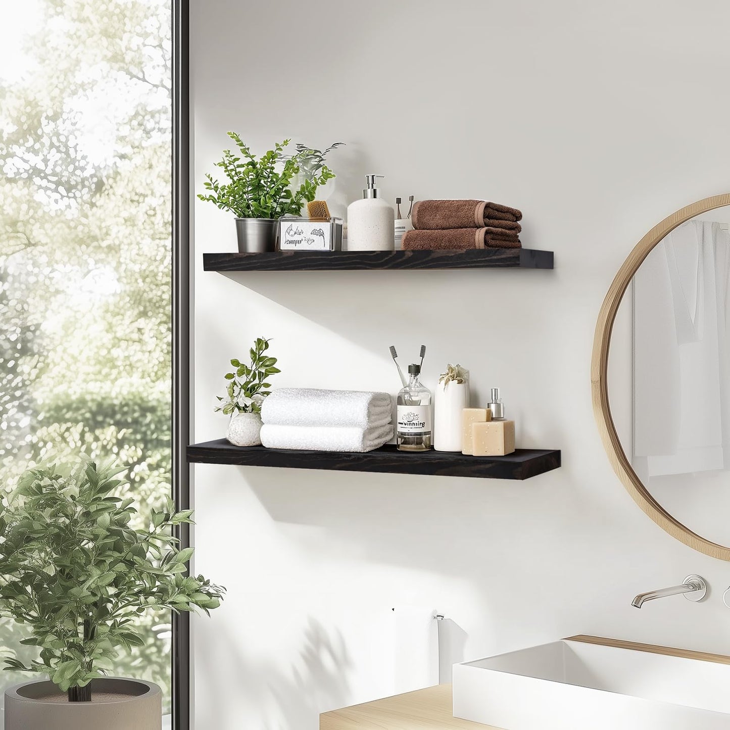 ABSWHLM 24"x6.8"x1.2" Solid Wood Floating Shelves 2-Pack - Rustic Black Finish with Hidden Brackets, Perfect for Storage and Décor in Living Room, Kitchen, Bedroom