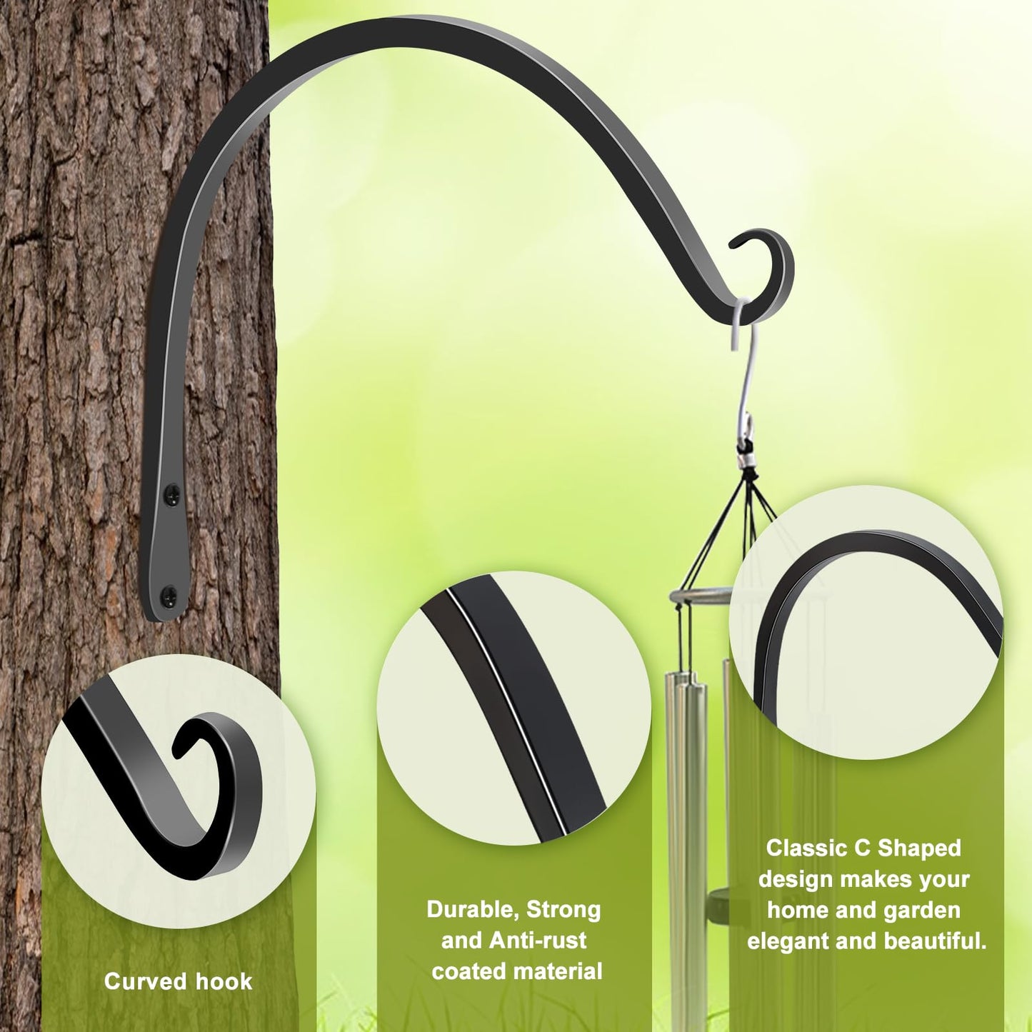 FEED GARDEN 2 Pack 10 Inch Hanging Plant Bracket Wall Hooks Decorative Plant Hangers for Outdoor Hanging Bird Feeders, Wind Chimes, Plant Baskets, Black