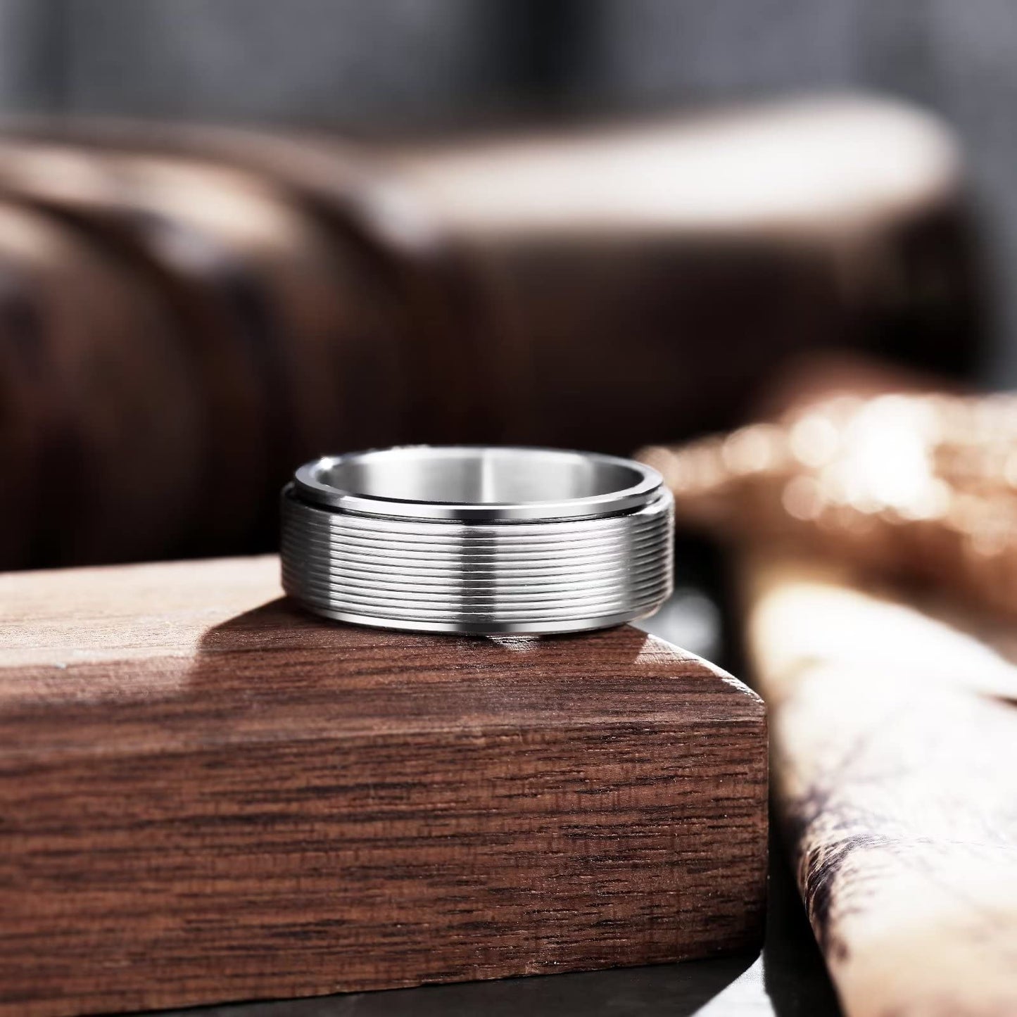 King Will Mens Silver 8mm Groove Spinner Rings Stainless Steel Anxiety Fidget Ring for Women Men Polish Thin Line Groove Wedding Band Fidget Ring Matte Brushed Comfort Fit 11