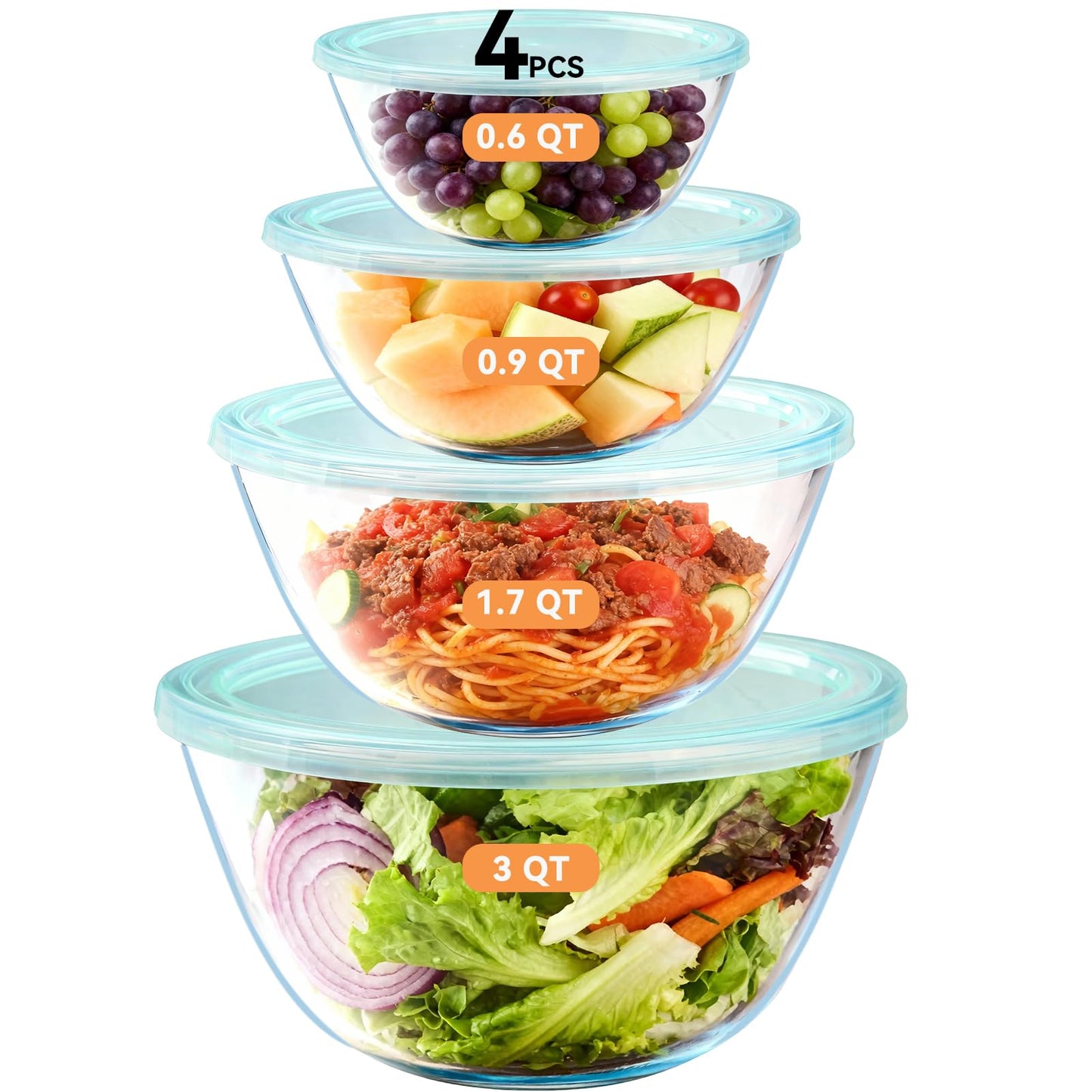 YUANYE 4 Pack Glass Mixing Bowls with Lids Set (3/1.7/0.9/0.6QT),Thick Glass Large Salad Bowl Set, Nesting Kitchen Bowls for Serving, Prepping, Cooking and Baking, Dishwasher, Oven,Microwave Safe