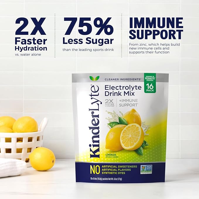 Kinderlyte Electrolyte Powder for Kids and Adults - Drink Mix Hydration Packets (Lemonade, 16 Count), No Artificial Sweeteners or Flavors, No Synthetic Dyes, Vegan, Non-GMO, Gluten-Free