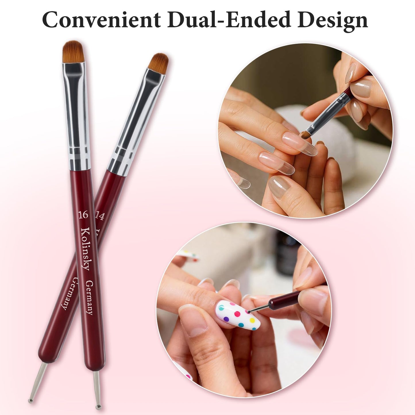 SIMPOR 4 Pieces French Tip Nail Brush and Clean Up Brush Set, Dual Ended Acrylic Nail Art Brushes with Dotting Pen, Professional Oval Manicure Tool for Cuticle Design Red Handle Size 10 12 14 16