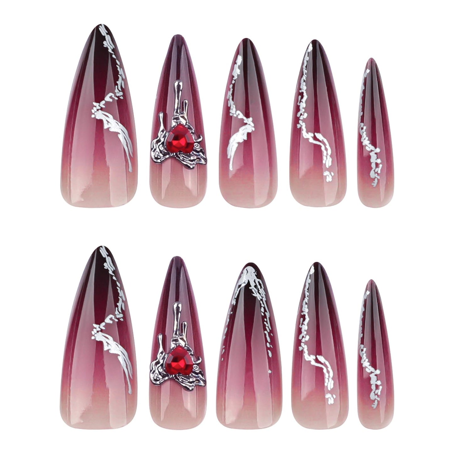 24 Pcs Dark Red Press on Nails Long Almond Fake Nails with Glitter Rhinestones Design Reusable False Nails Kit Acrylic Nails Press ons Artificial Stiletto Nails Full Cover Stick on Nails for Women