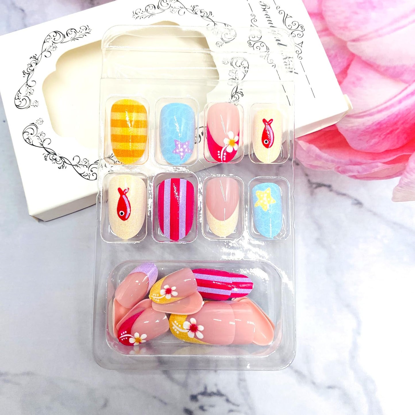 Flowers French Tip Press on Nails Medium Almond False Nails with Cute Little Fish Stripe Design Full Cover Glue on Nail Summer Reusable Acrylic Fake Nails Glossy Artificial Stick on Nail for Women