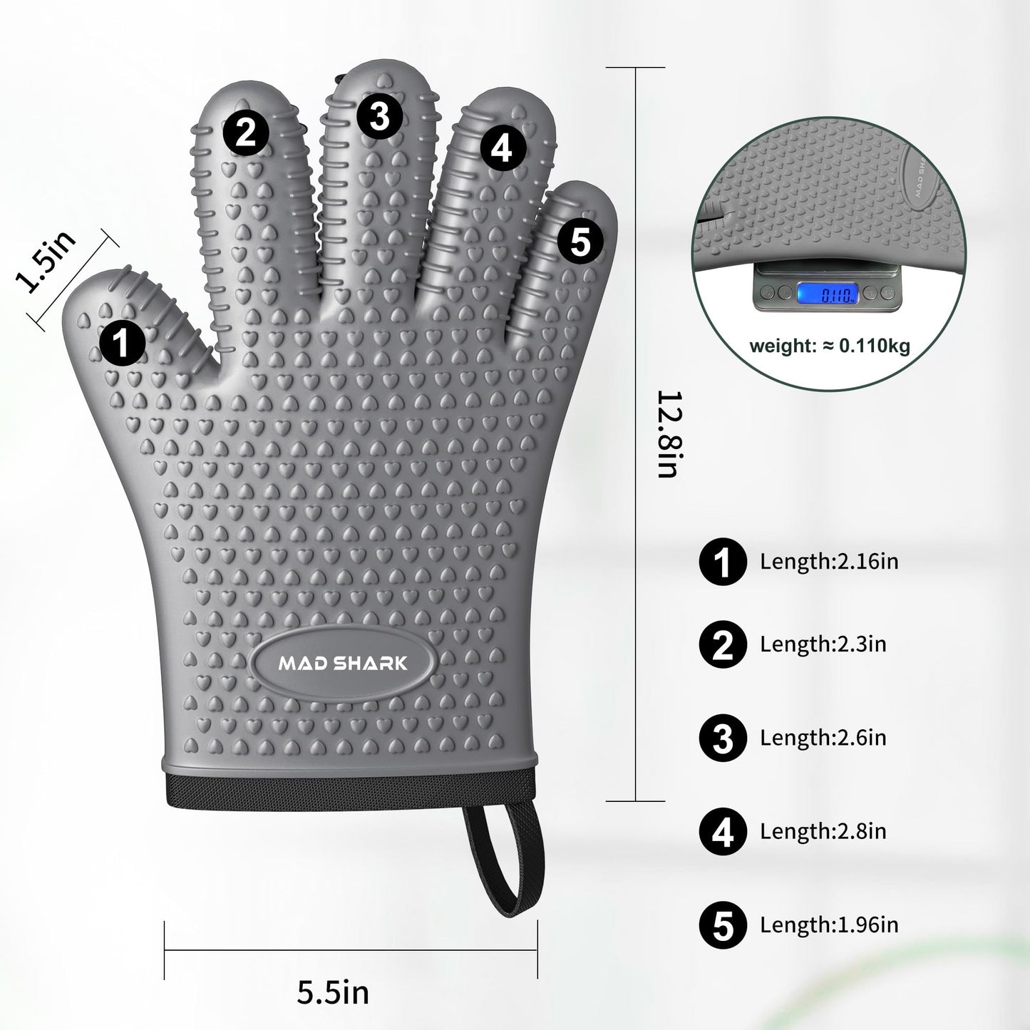 MAD SHARK Silicone Oven Mitts Heat Resistant 450 Degrees,Waterproof & Non-Slip Oven Gloves with Fingers,Cotton Lined Silicone Oven Gloves Kitchen Mitts for Baking Cooking Barbecue,Women,Oven (GREY1)