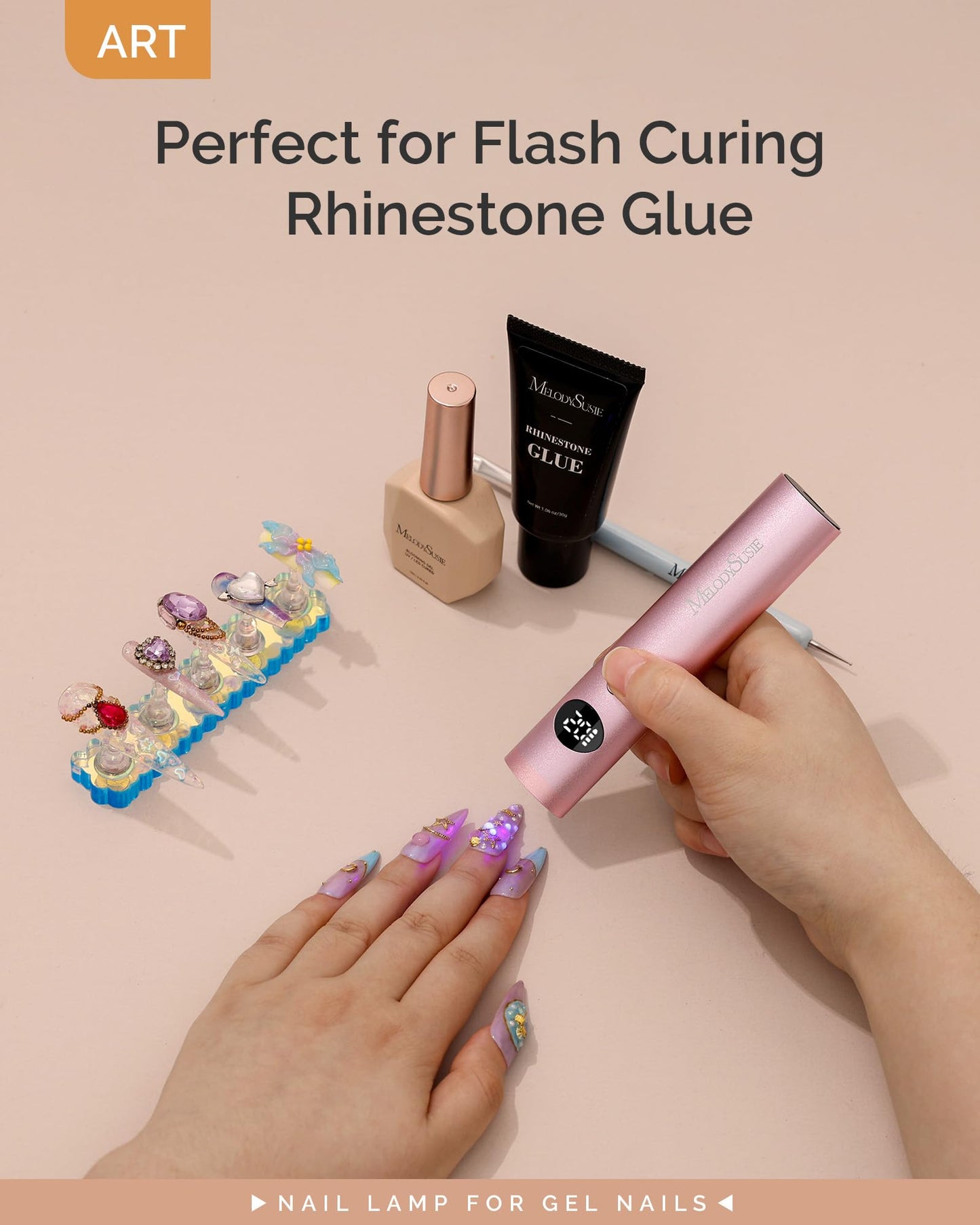 MelodySusie Handheld Cordless UV Nail Lamp with LCD Display & Optical Lens, P-Art01G Rechargeable Mini UV LED Light Flash Cures All Soft Gels, Especially Rhinestone Glue & Liner Gel Pink