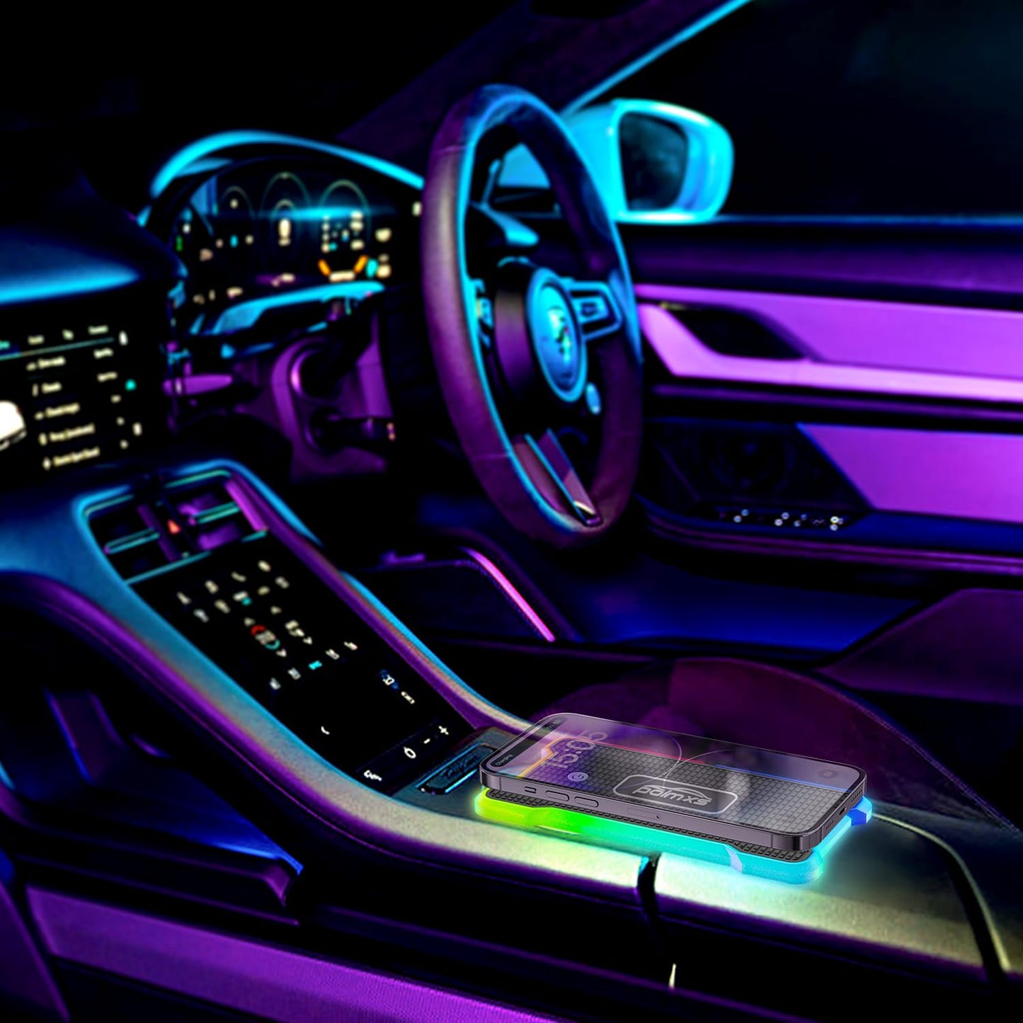 Wireless Charger Car Fast Charging pad, POLMXS Wireless Phone Charger Cell Phone RGB Light up Cordless Charging mat Compatible with iPhone 11/12/12/14/15 Galaxy S21/S22/S23/24 Airpod (C15 PAD)