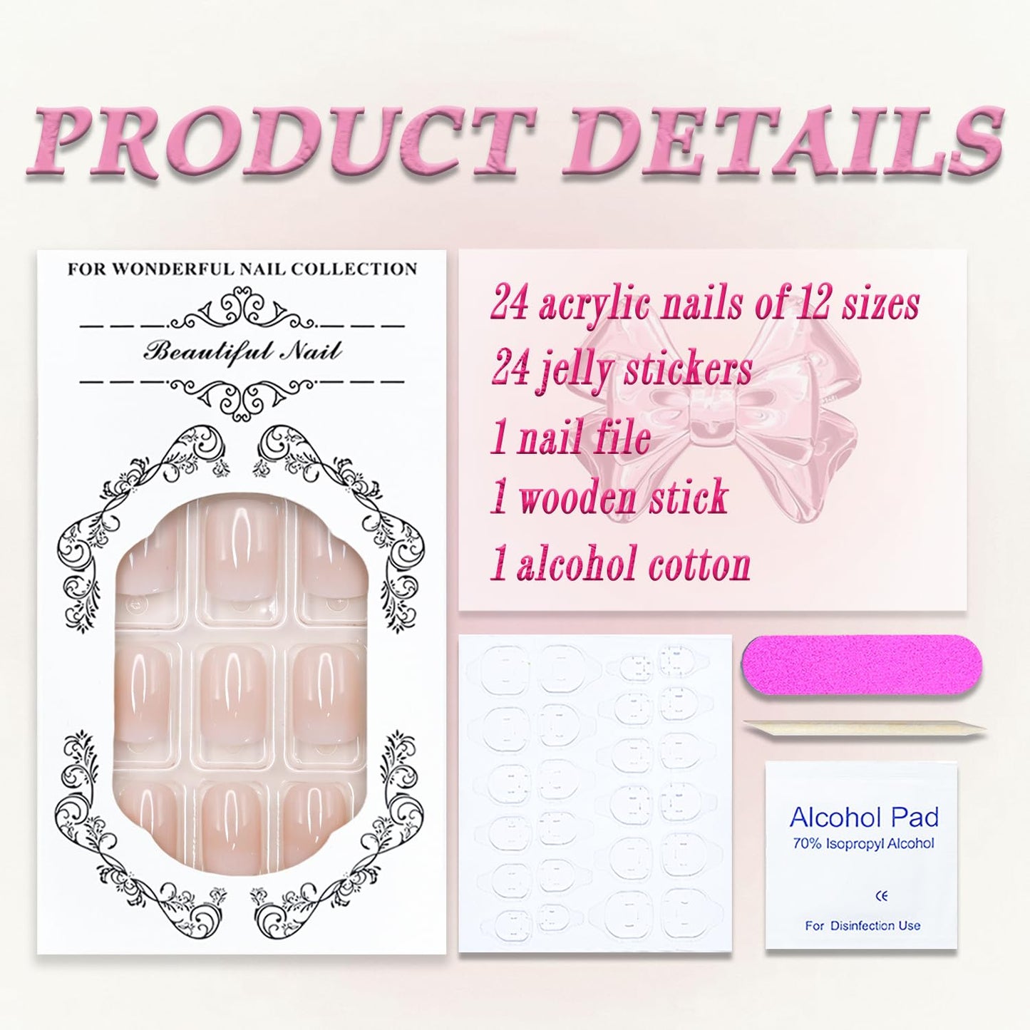 MABKJLF Ombre Press on Nails - Short Square False Nails with Pink & White Gradient Designs, Glossy Glue on Nails, 24 Pcs