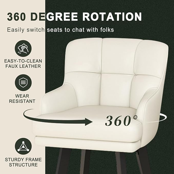360°Swivel Counter Height Bar Stools with Back, 26 inch Solid Wood Legs, Bar Stool Modern Kitchen Island Chairs, Faux Leather (Beige- Faux Leather, 26" H- Set of 3)