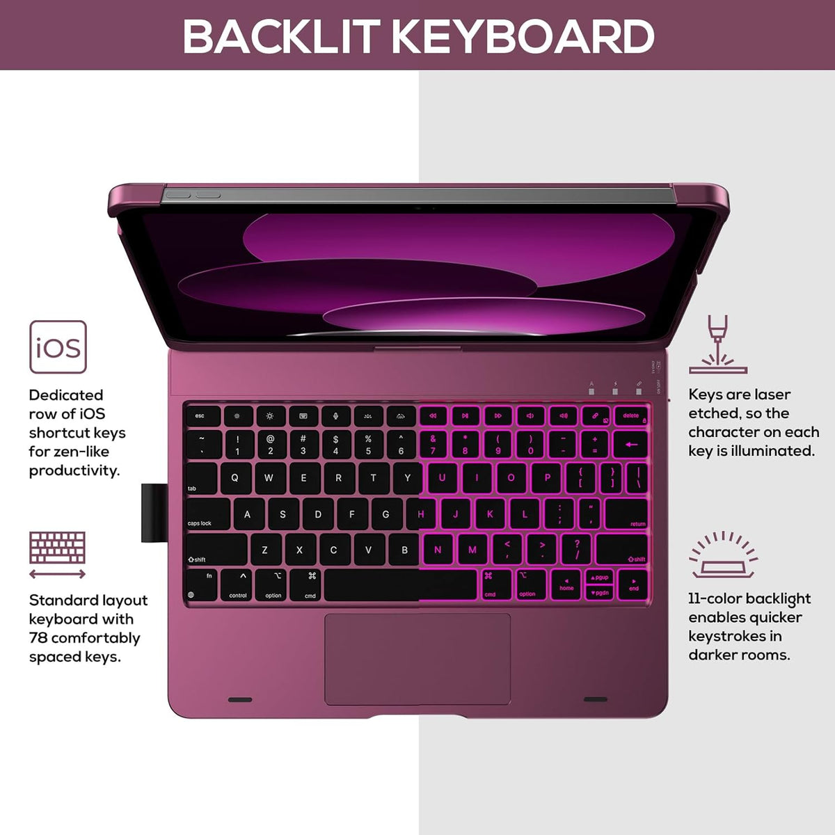 typecase Touch iPad 10th Generation Case with Keyboard (10.9", 2022), Multi-Touch Trackpad, 10 Color Backlight, 360° Rotatable, Thin & Light for Apple iPad 10th Gen 10.9 (Raspberry)