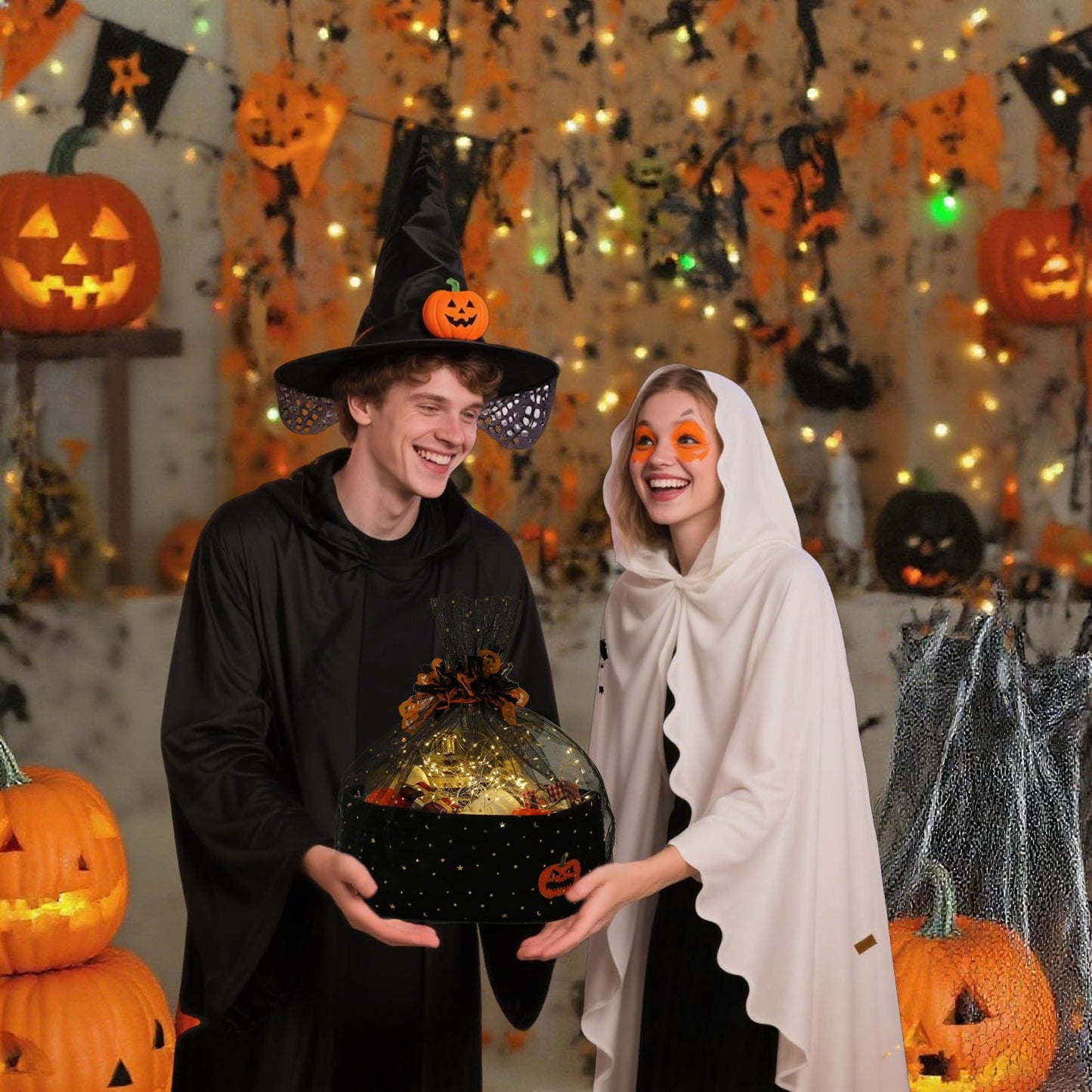 Halloween Basket Gift Baskets Empty with Decor Ribbons, Woven Rope Pumpkin Candy Baskets with Festive Tulle Bag Set for Halloween Party Supplies Favors, Toy Storage Basket for Baby and Pet 14.2" L x 9.8" W x 5.1" H