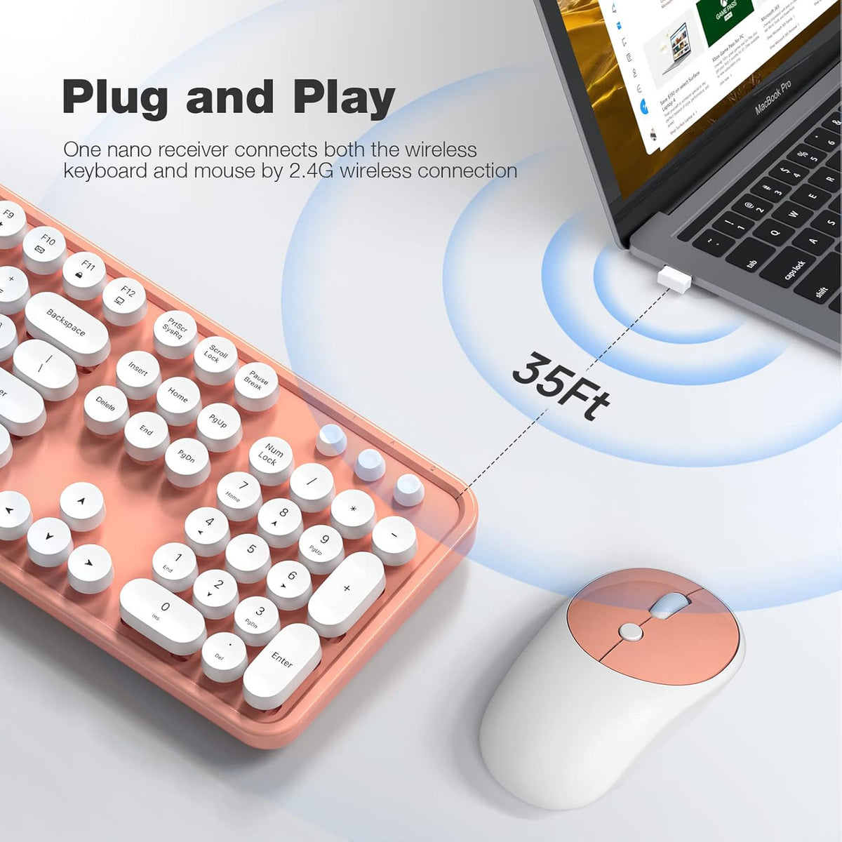 KNOWSQT Wireless Keyboard and Mouse Combo - White-Orange Full-Sized 2.4 GHz 104 Keys Typewriter Cute Keyboard, Round Keycap and Optical Mouse for Windows, Computer, PC, Laptop, Desktop