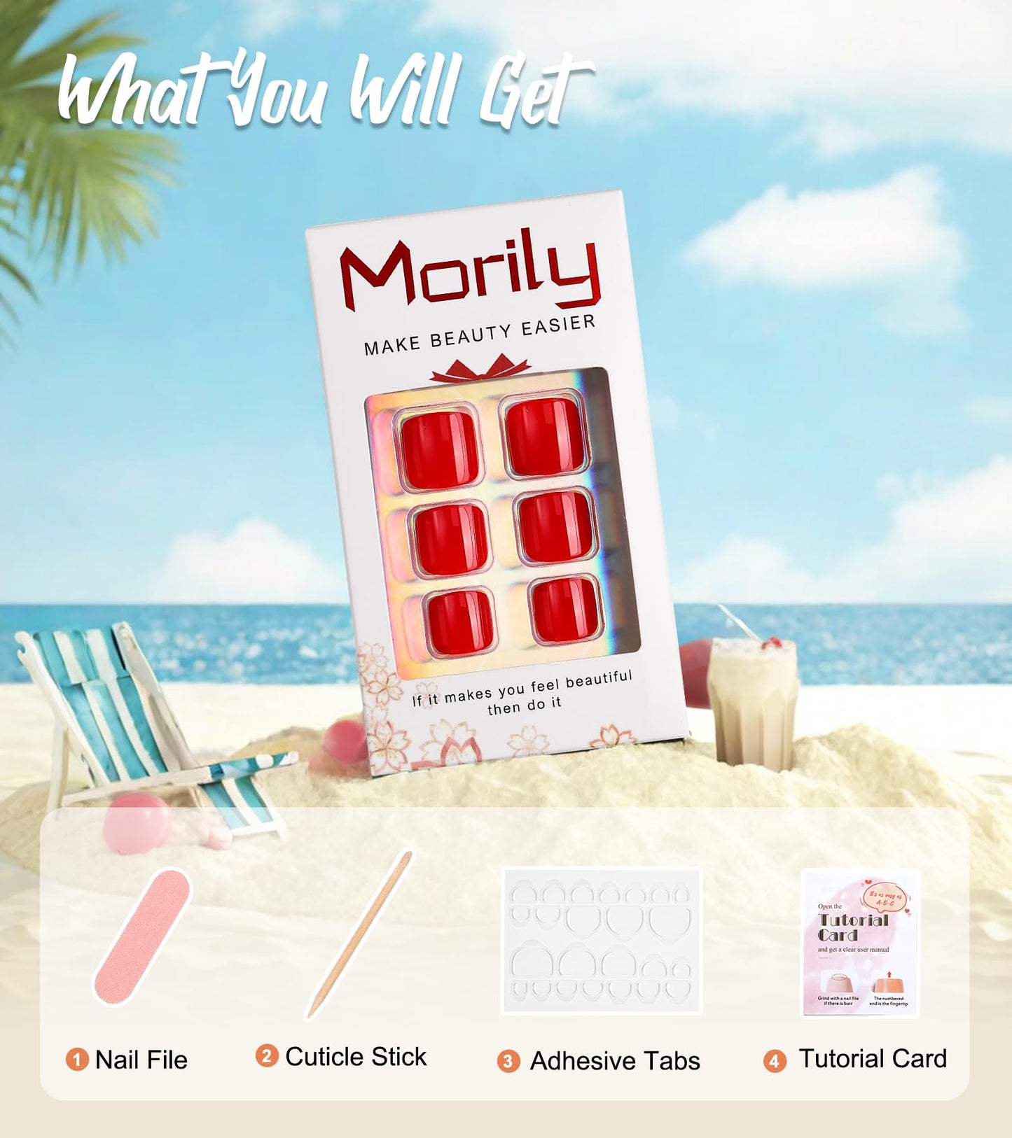 Morily Red Press on Toenails Short Square, Glossy Fake Toe Nails Summer False Toes Nails Reusable Full Cover Beach Toesnails for Women - 28Pcs in 14 Sizes