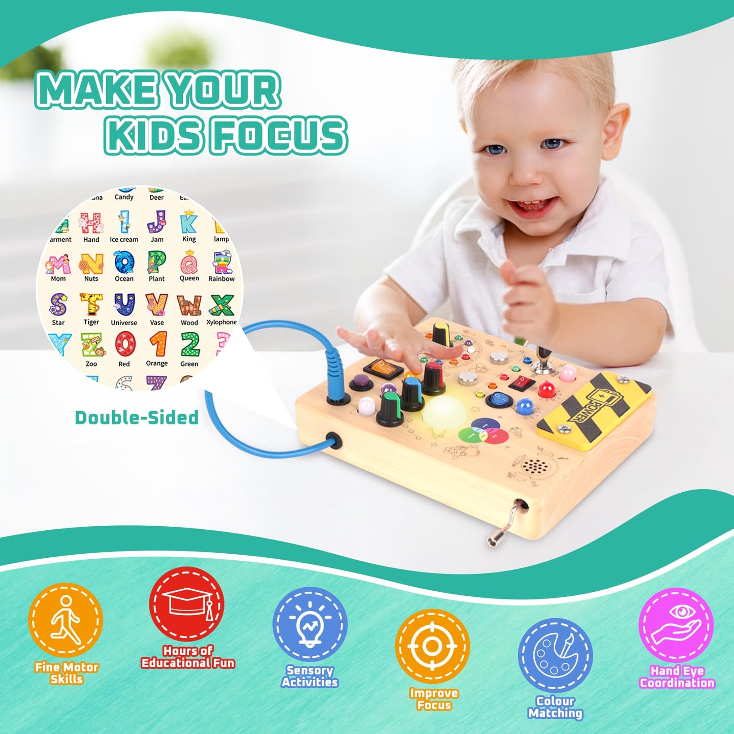 Konijiwa Busy Board, Montessori Toys for 1-3 Years Old Boys & Girls, Sensory Toys for Kids with Autism, Toddlers Learning Activity for Early Development (Busy Board v5)