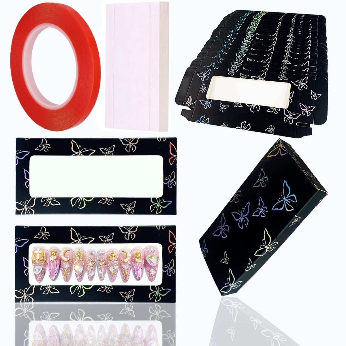 HLQHXWHZT 71 Pcs Include 35Pcs Empty Press on Nails Packaging Box 35 Pcs White Background Papers and 1 Double Sided Tape, Empty Nail Package Box Set for Press on Nail Business (Black)…