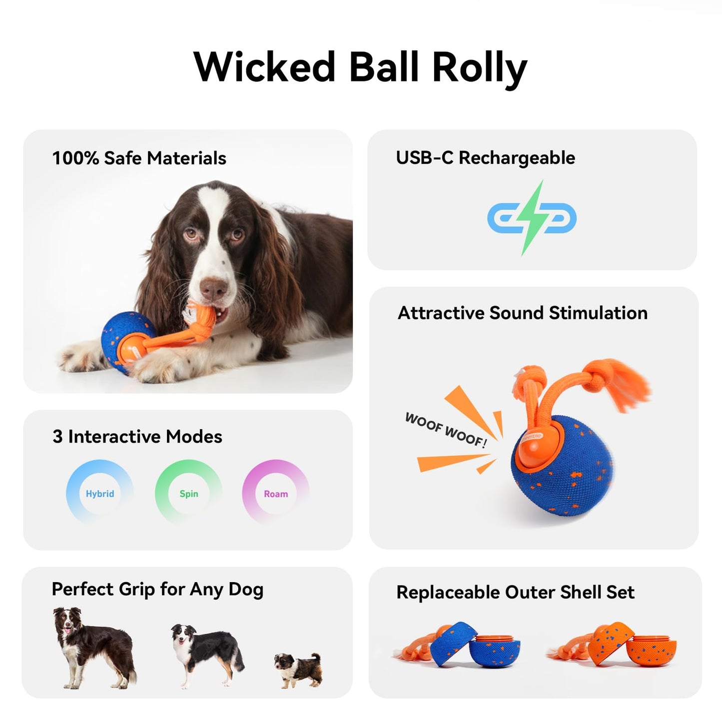 Cheerble Smart Interactive Dog Toy, Wicked Ball Rolly, Automatic Moving, Bouncing, Rotating, E-TPU Material, Active Rolling Interactive Dog Ball for Medium and Large Dogs (Blue)