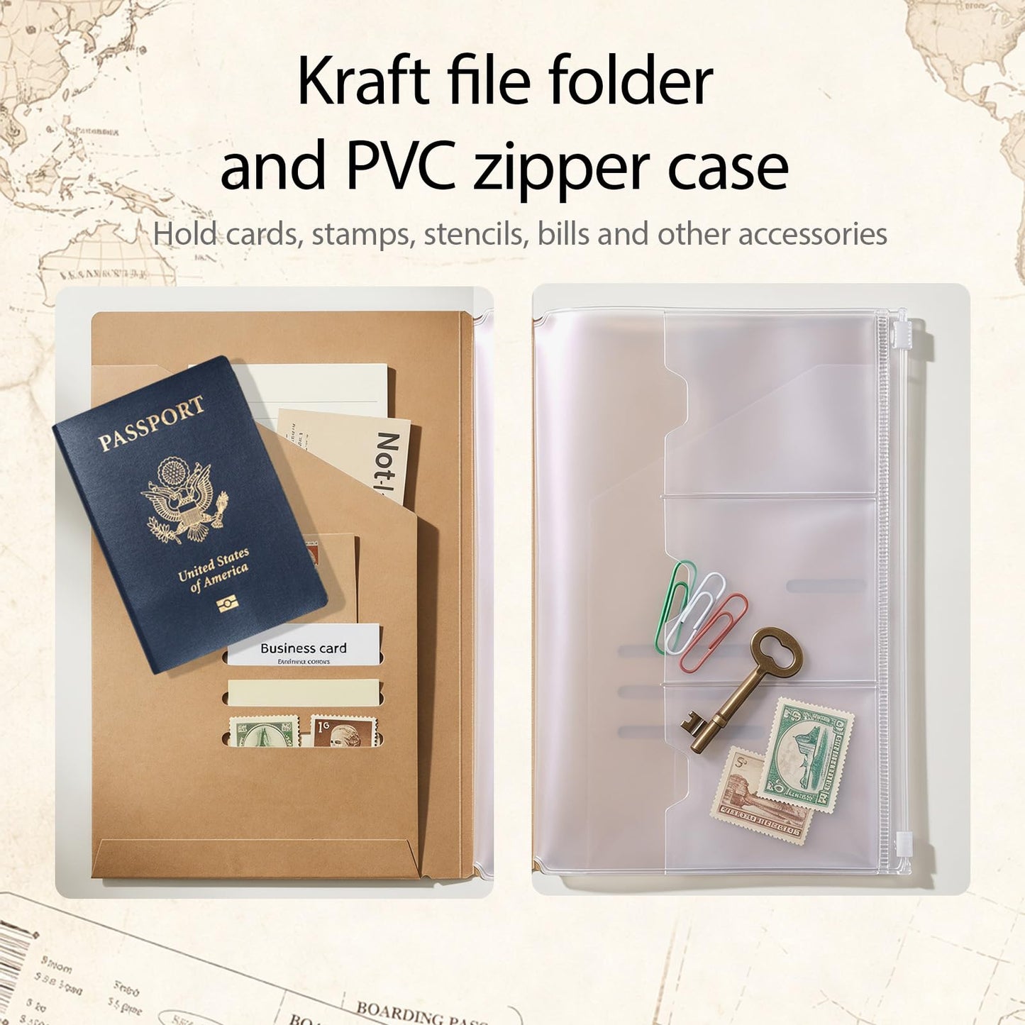 Travelers Notebook Accessories Kit - Kraft File Folders,PVC Zipper Pouches,Pen Holders,Binder Clips,Elastic Bands for Travel Journal Organizer(2 Pack, A5 Size)