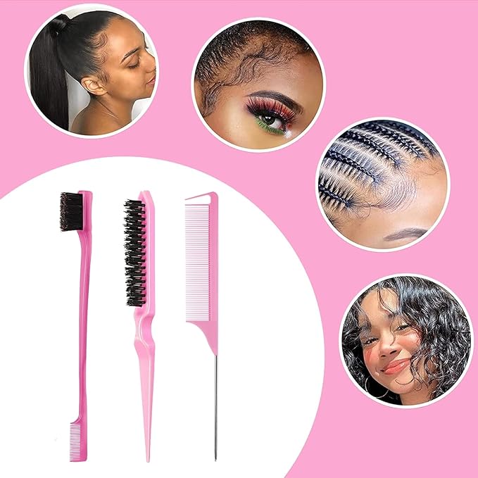 Goiple Hair Styling Brush Set, 12 Pieces Nylon Teasing Hair Brush Rat Tail Comb with Duckbill Clips, Double Sided Edge Brush for Edge & Back Brushing, Combing, Slicking Hair for Women Girls (Pink)