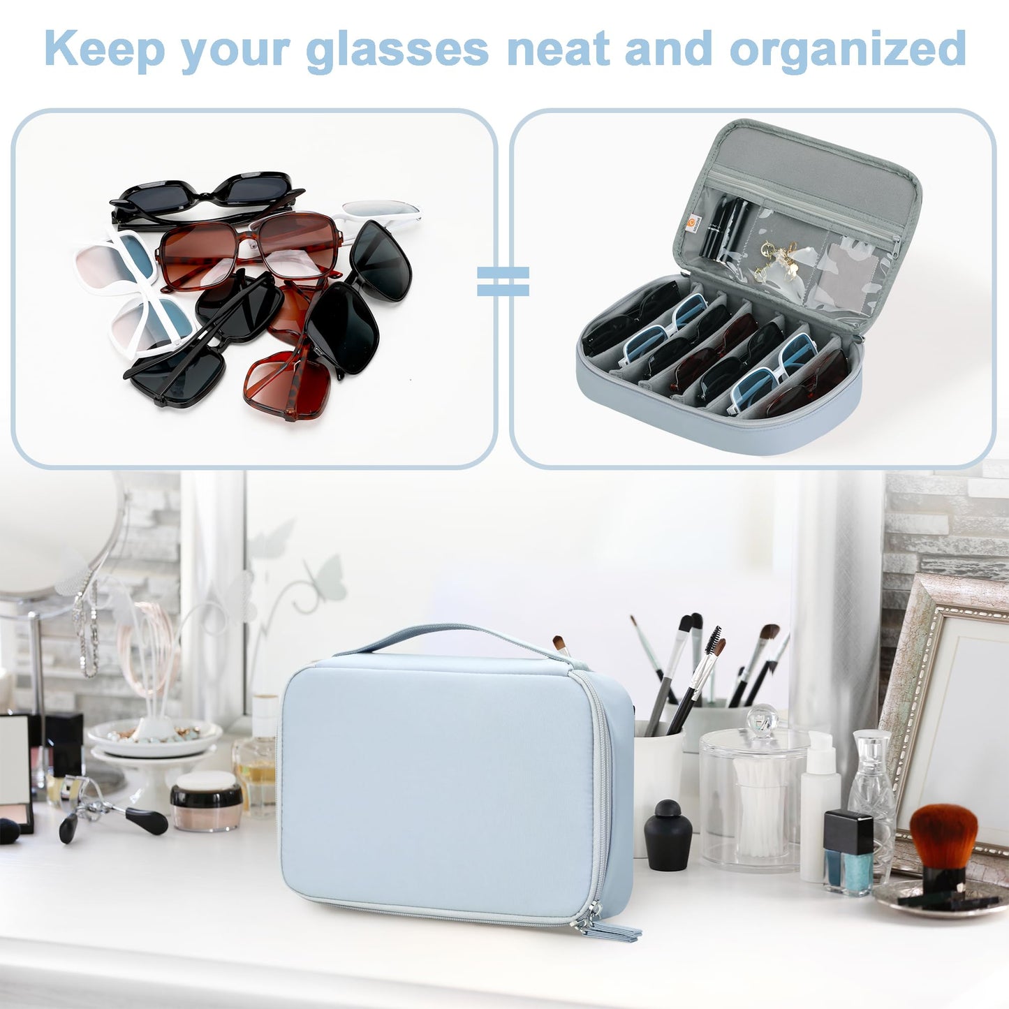 Bellzacasa Travel Sunglasses Organizer Case, Eyeglasses Storage Holder Box with Multiple Pairs Adjustable Slots for Women Men (Grey)