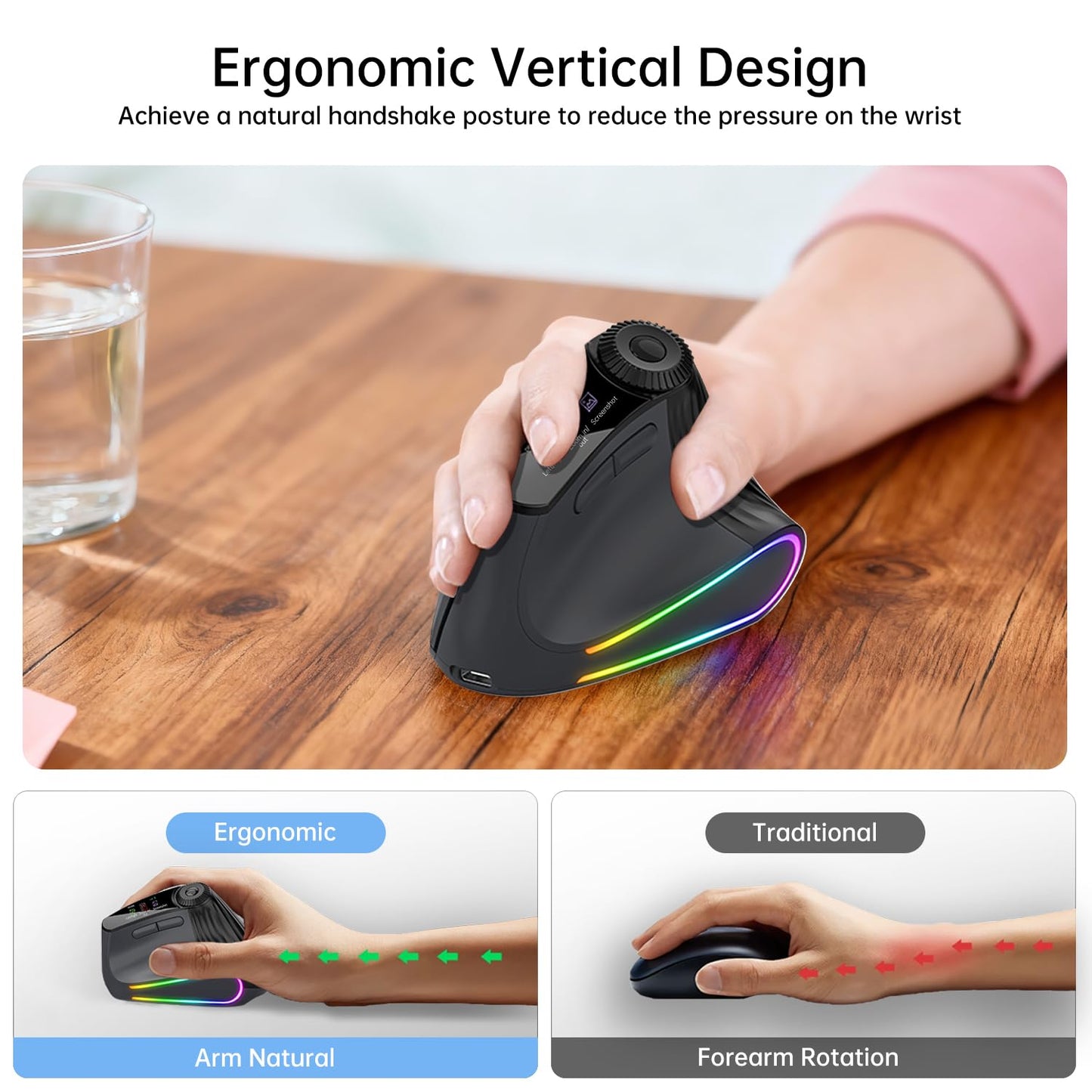 NYIEFADA Ergonomic Vertical Mouse Wireless, Rechargeable Bluetooth Ultra-Fast Scrolling 4800 DPI Ergo Mouse, 2.4G Quiet Clicks 6 Buttons RGB Optical Mice, 3 Multi-Device Connectivity for Mac, Laptop