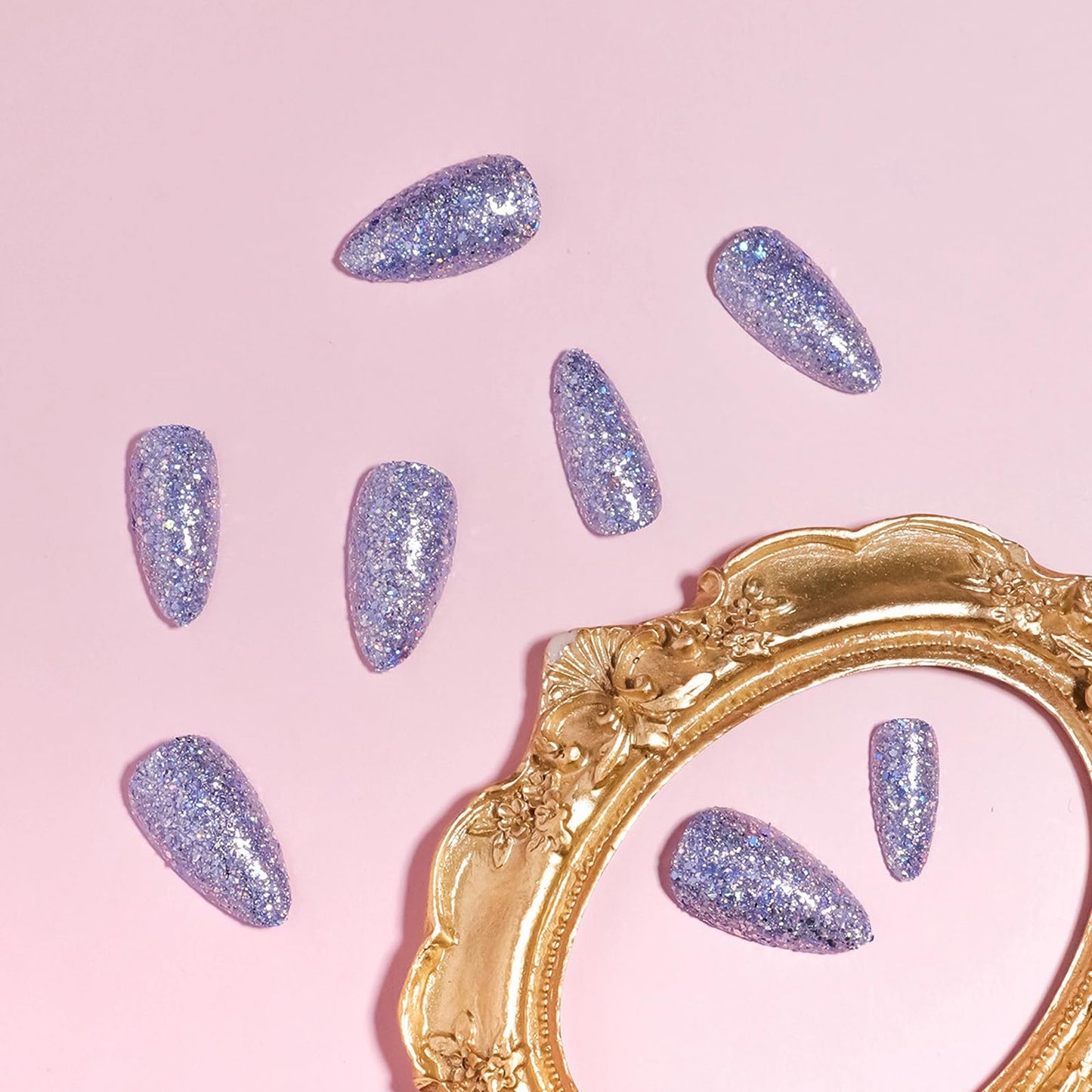 MISUD Press on Nails - Medium Almond Fake Nails with Bling Blue Purple Glitter, Acrylic Sparkly Design 24 pcs