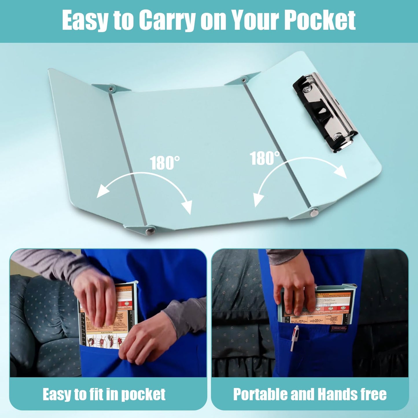 Nursing Clipboard Foldable,Nurse Clipboard 3 Layers Aluminum w/Nursing Medical Edition Cheat Charts, Foldable Nursing Clipboard w/Low Profile Clip,Pocket Clipboard for Students/Nurses/Doctors,Mint