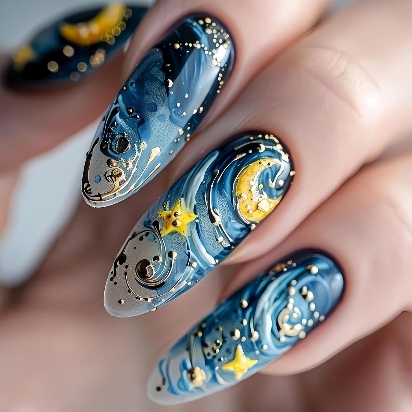 Blue Starry Sky Press on Nails Star Moon Fake Nails Long Oval Acrylic Glue on Nail Glossy Full Cover False Nail for Women