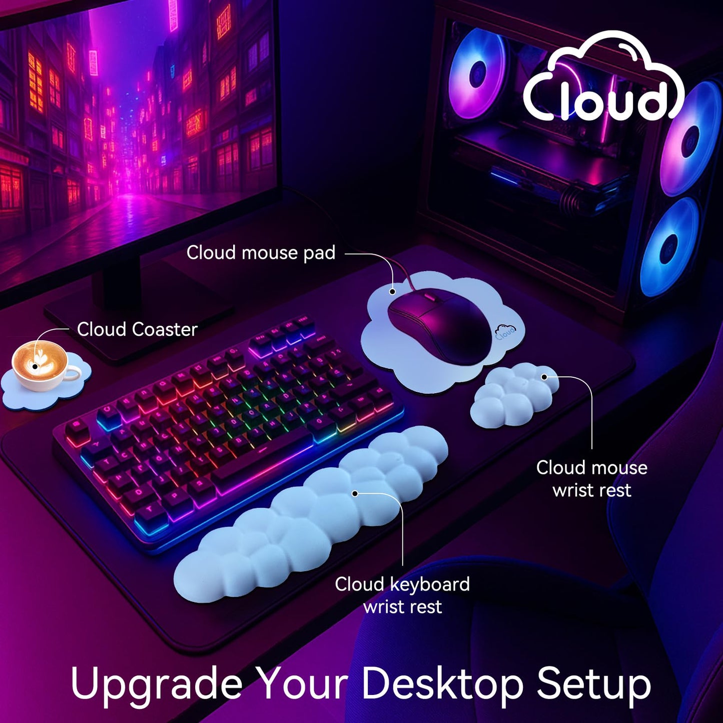 Sushret Cloud Wrist Rest for Computer Keyboard, 4-in-1 Memory Foam Leather Cloud Keyboard Wrist Rest and Mouse Pad Set with Ergonomic Support for Arm and Palm Cushion, Gaming/Work Setup, Blue