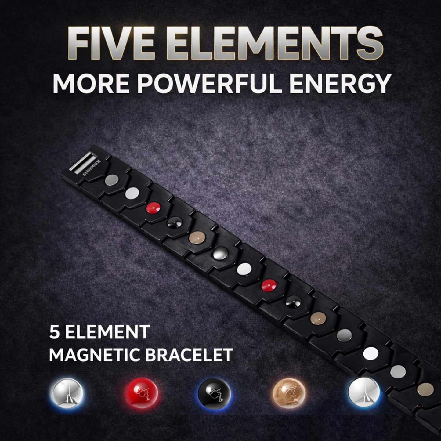 KYOSI Magnetic Bracelets for Men 5 Elements, Wide Stainless Steel Bracelet Link Adjustable, Magnet Bracelet Mens Gift (Black)