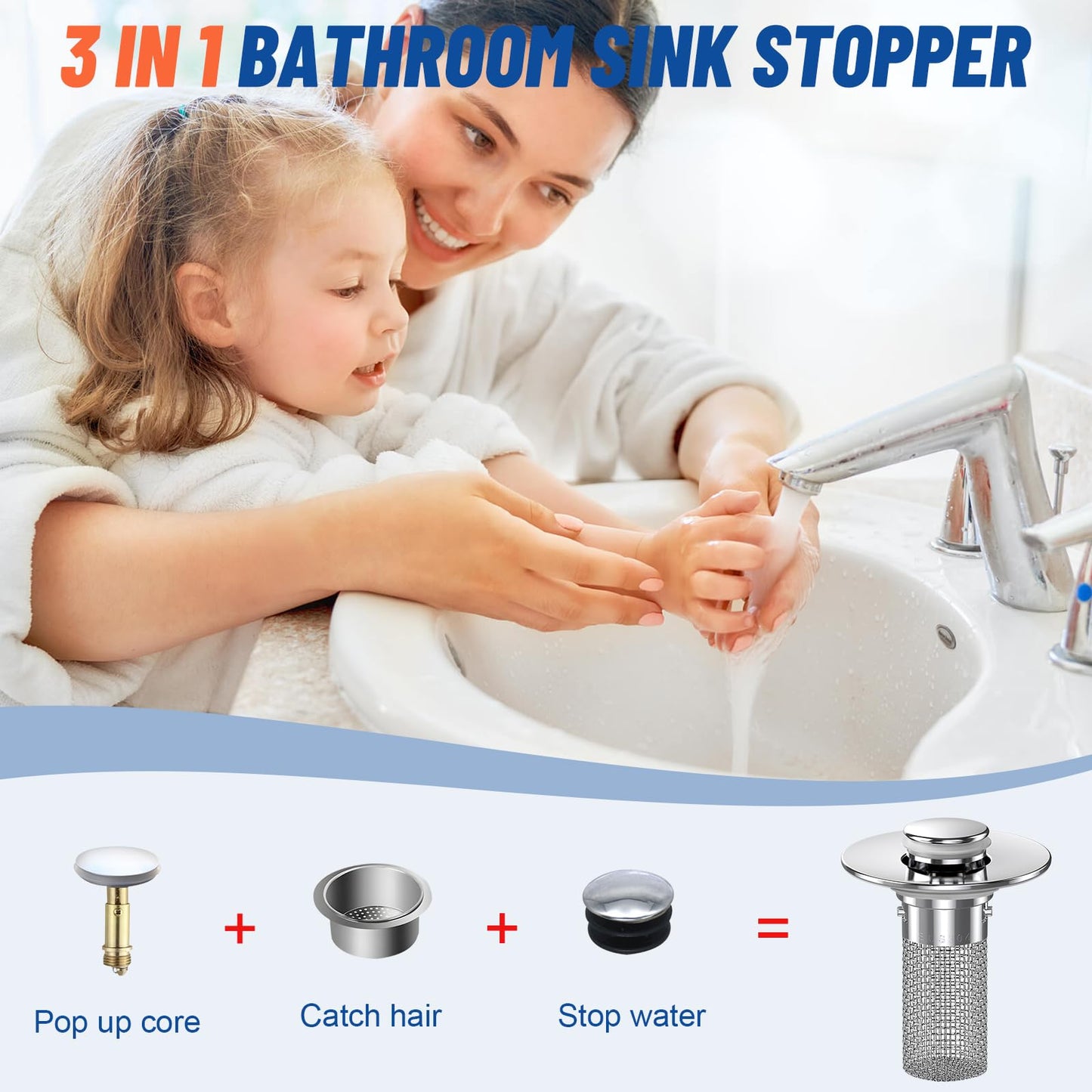 Vakabiu 2024 New Pop Up Bathroom Sink Drain Strainer Hair Catcher, Sink Drain Stopper with Removable Stainless Steel Filter Basket,for US Bathroom Sink Stopper Replacement (2PCS)