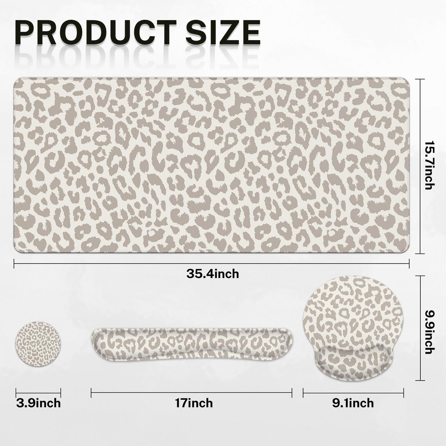 Arttown Leopard Light Khaki Desk Mat Animal Skin Mouse Pad Set 4 in 1 Ergonomic Design Large Desk Pad + Keyboard Wrist Rest + Mouse Wrist Rest + Coaster Suitable for Home Office Study Game
