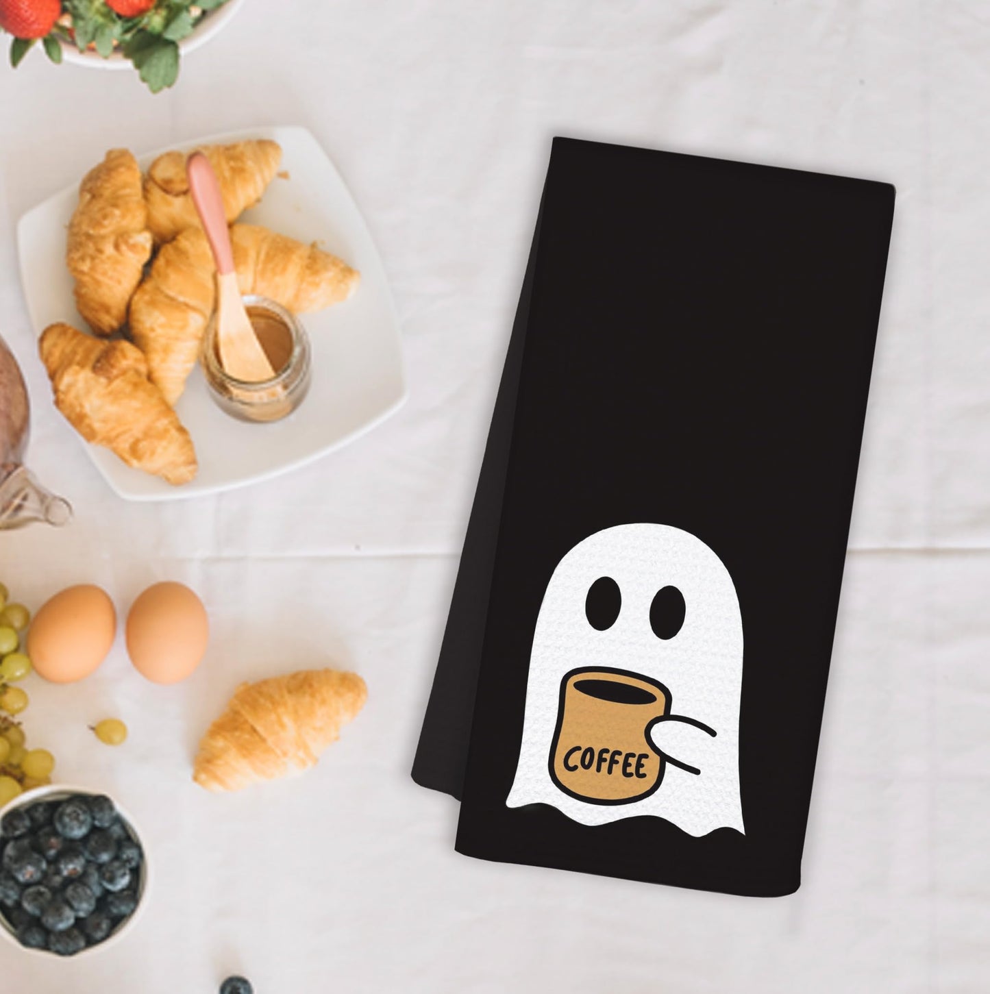 OSLYSOF Halloween Coffee Ghost Kitchen Towels, Ghost Gifts for Lovers Women Dish Tea Towels, Dark Academia Gothic Halloween Hand Towel for Coffee Bar Station Decor, 16x24 Inch
