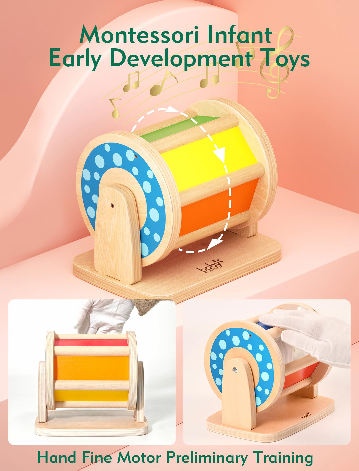Boby Montessori Spinning Drum: Sensory Experience for Babies 6-12 Months - Engage, Explore, and Learn with Our Wooden Infant Toy