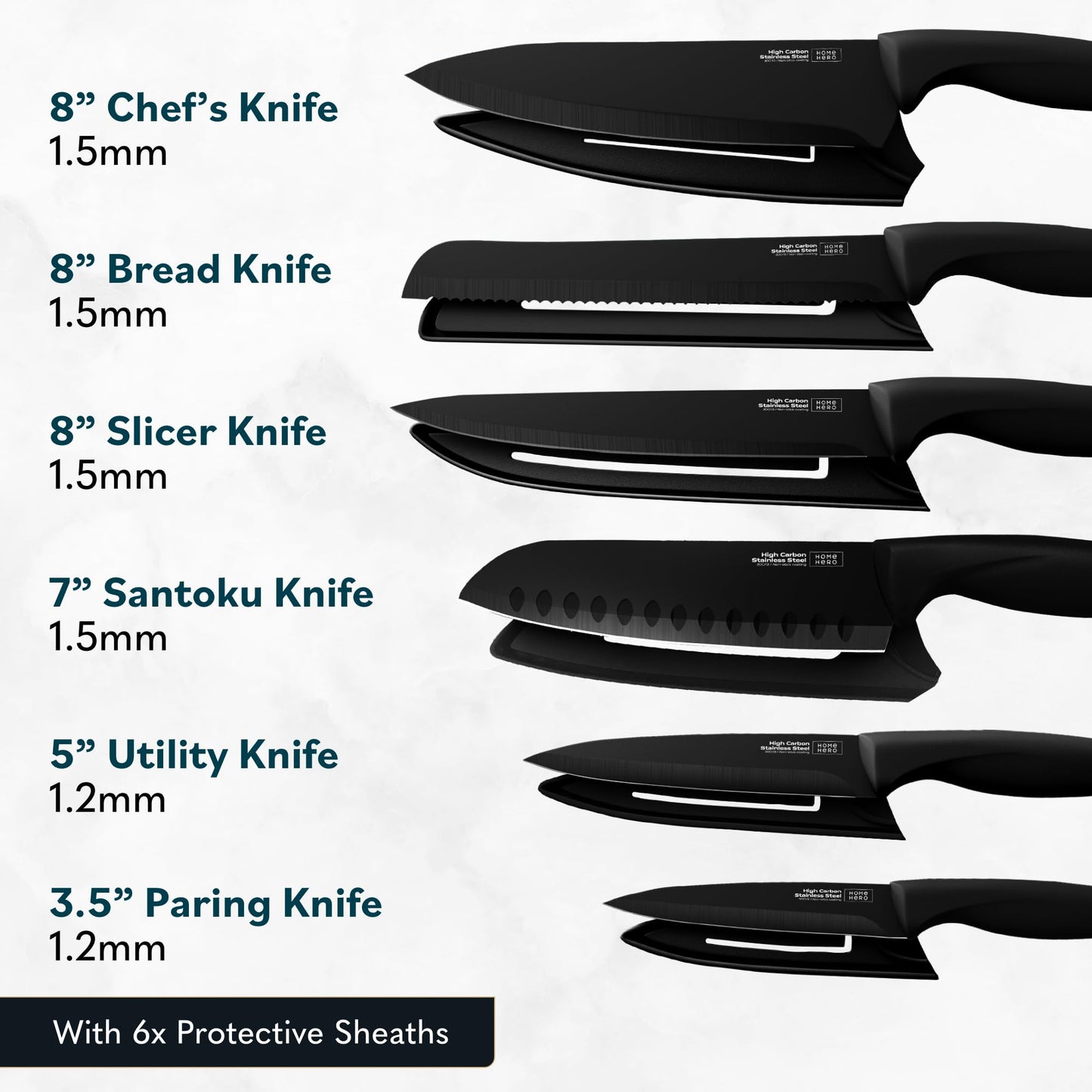 Home Hero High Carbon Stainless Steel Knife Set - Chef Knife Set Precision Slicing & Versatility - Nonstick Ceramic Coated Blades & Easy Cleaning - Ergonomic Handles & Secure Grip - 12-Piece, Black