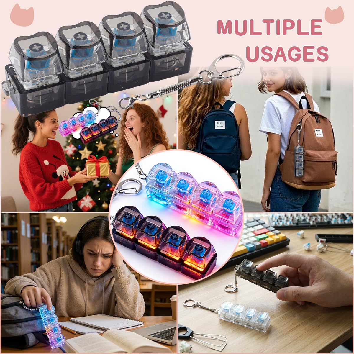 2 Pcs Keyboard Fidget Toy Light Up, Heart Shape Clicker Keyboard Fidget Keychain, Black White 4-in-1 Loud Stress Relief Fidget Keyboard for Adult Anxiety Decompression