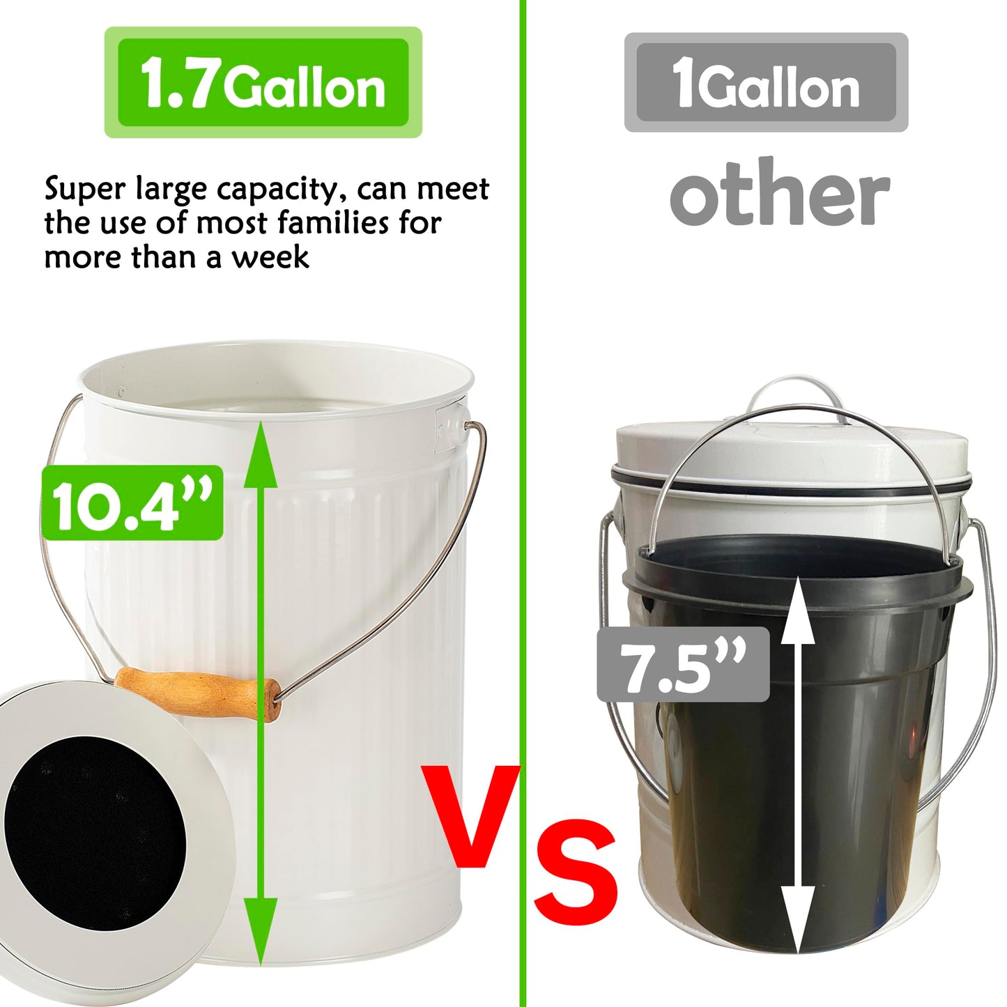 TreaHome 1.7 Gallon Kitchen Compost Bin, Indoor Countertop Compost Bin with Lid, 100% Rust Proof Compost Bucket with Non-Smell Charcoal Filters (White)